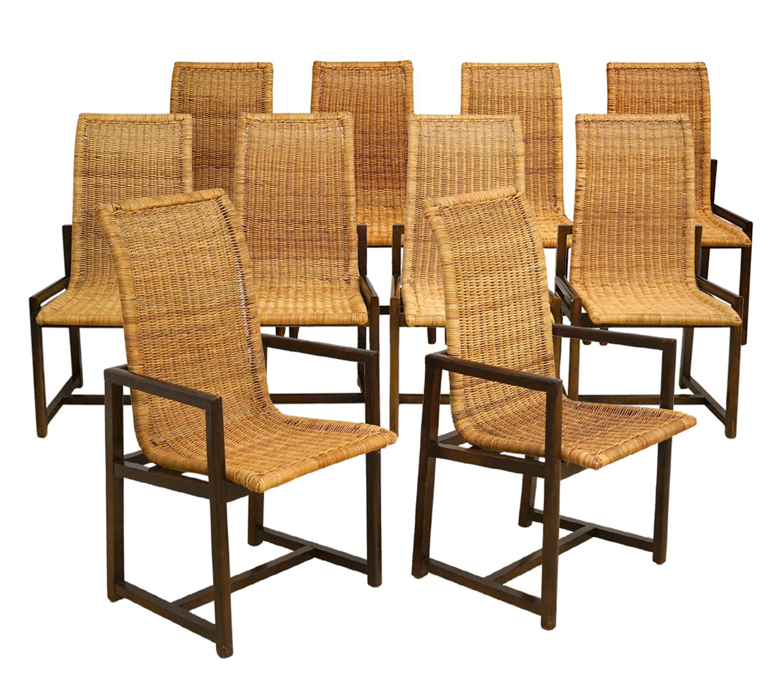 Hollywood Regency Wonderful Set of 10 High Back Woven Rattan and Beach Wood Dining Chairs