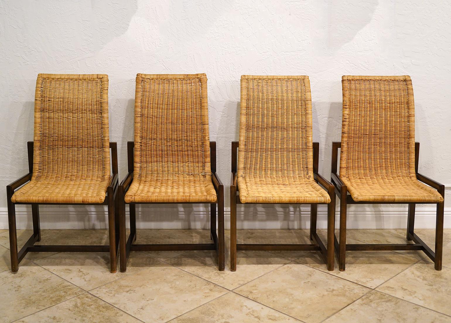 Wonderful Set of 10 High Back Woven Rattan and Beach Wood Dining Chairs In Good Condition In Ft. Lauderdale, FL