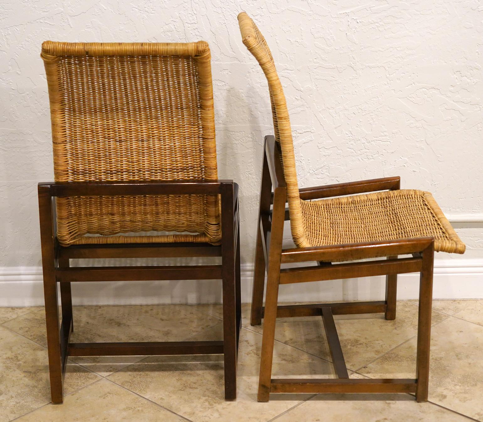 20th Century Wonderful Set of 10 High Back Woven Rattan and Beach Wood Dining Chairs