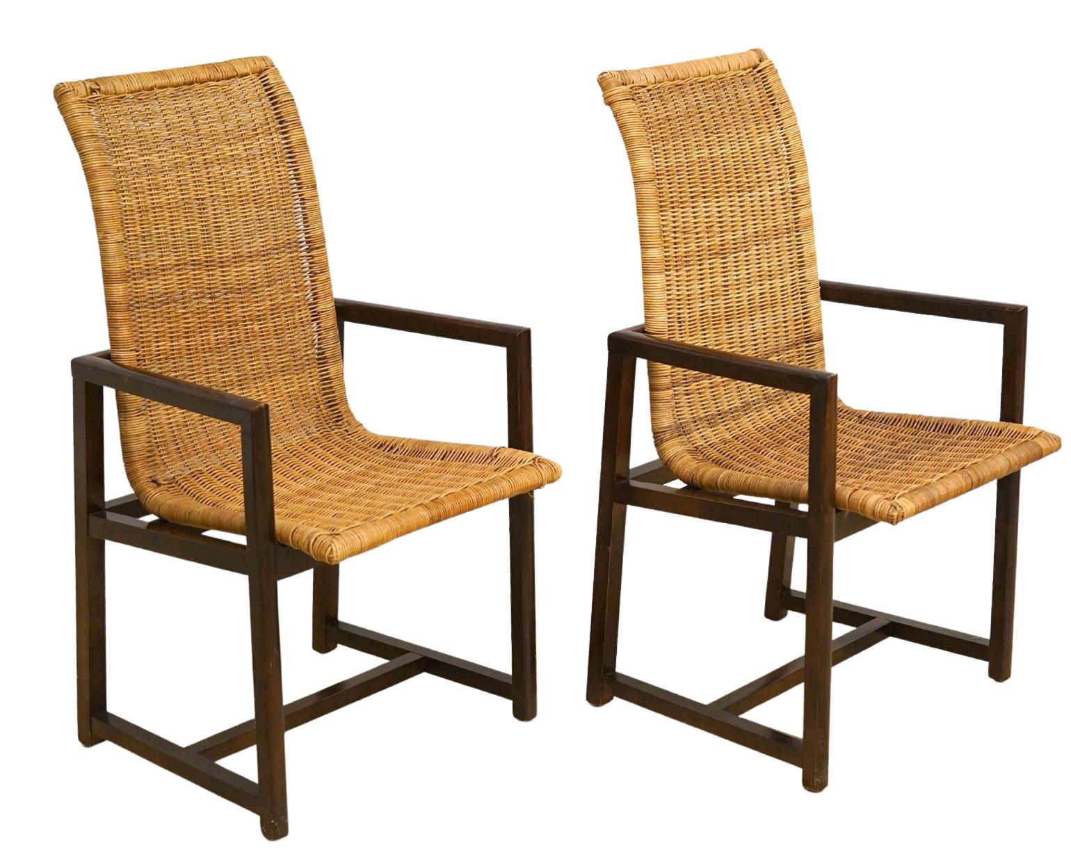 Wonderful Set of 10 High Back Woven Rattan and Beach Wood Dining Chairs 2