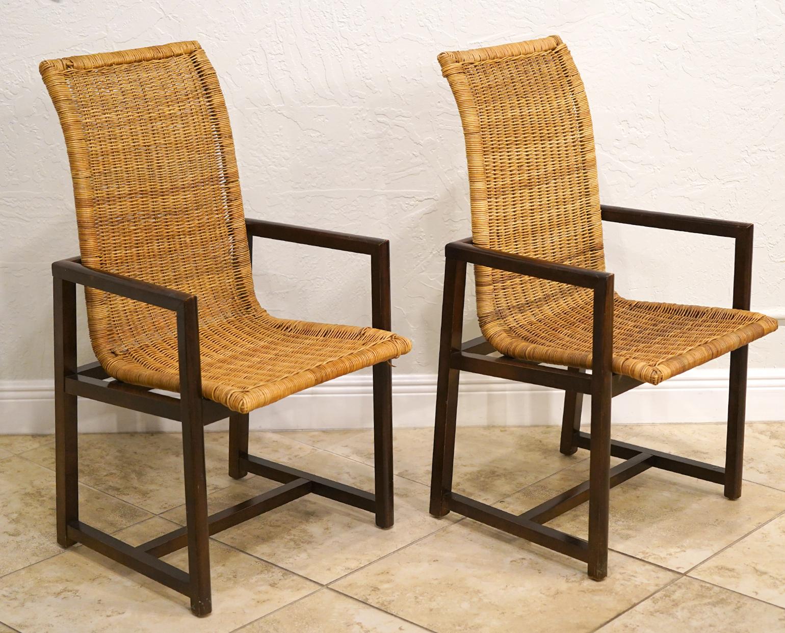Wonderful Set of 10 High Back Woven Rattan and Beach Wood Dining Chairs 3