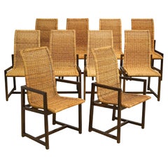 Wonderful Set of 10 High Back Woven Rattan and Beach Wood Dining Chairs