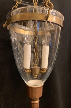 Wonderful Set of 3 Brass Blown Glass English Bell Jar Lantern 2 Light Fixtures