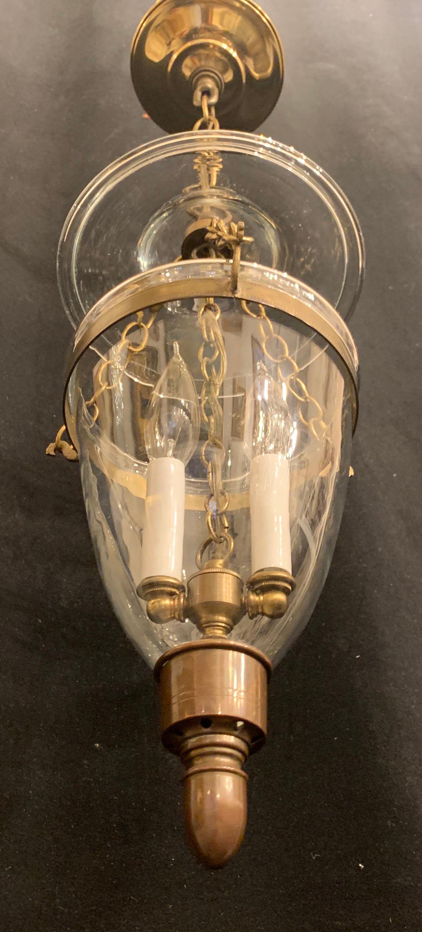 Regency Wonderful Set of 3 Brass Blown Glass English Bell Jar Lantern 2 Light Fixtures
