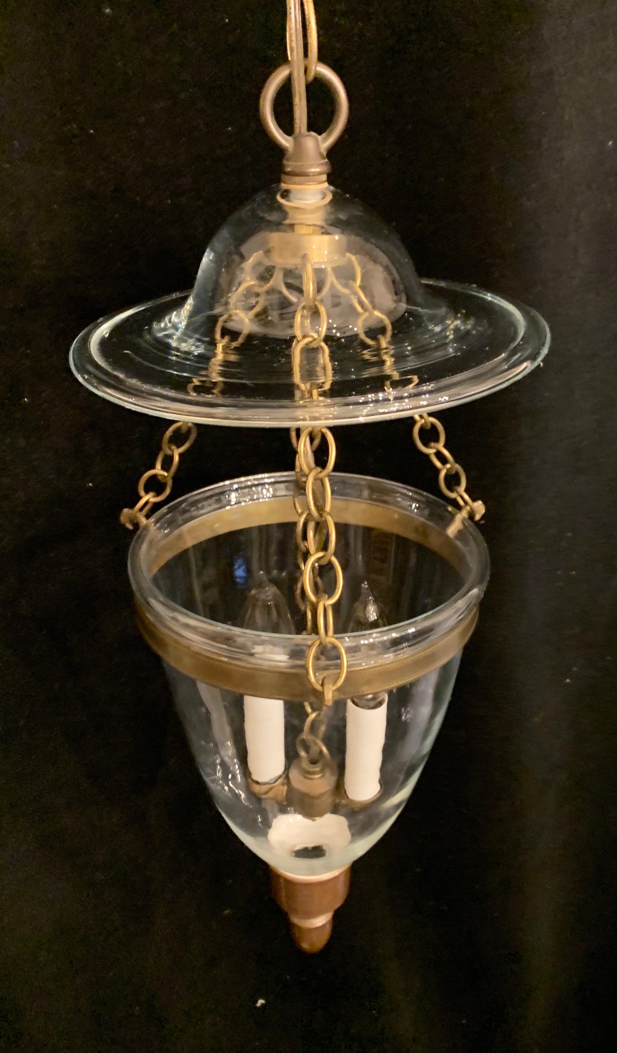Wonderful Set of 3 Brass Blown Glass English Bell Jar Lantern 2 Light Fixtures In Good Condition In Roslyn, NY
