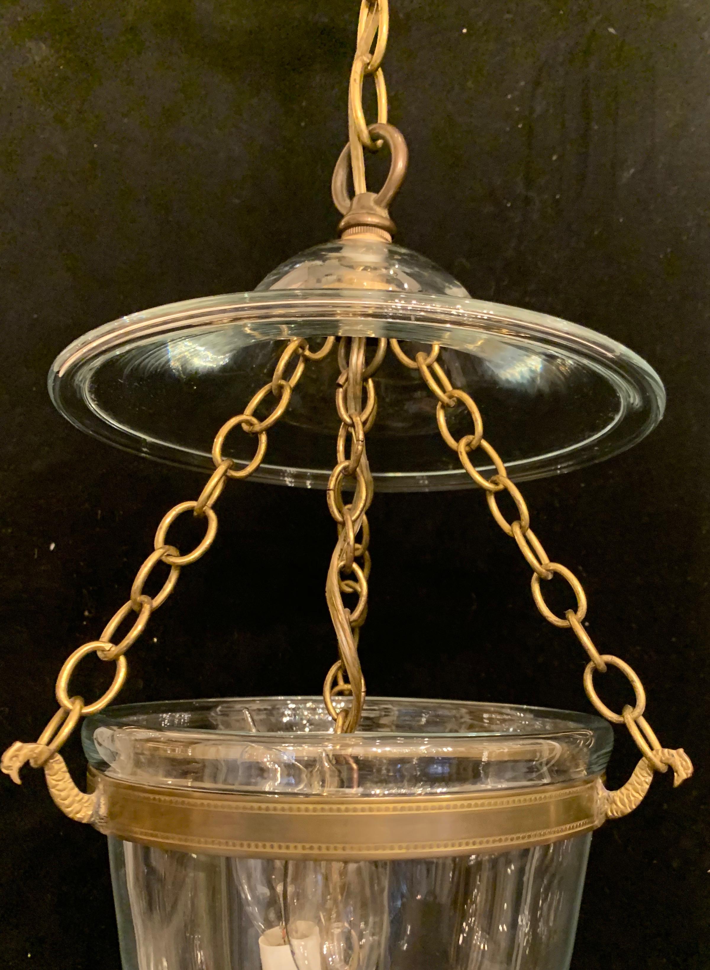 20th Century Wonderful Set of 3 Brass Blown Glass English Bell Jar Lantern 2 Light Fixtures