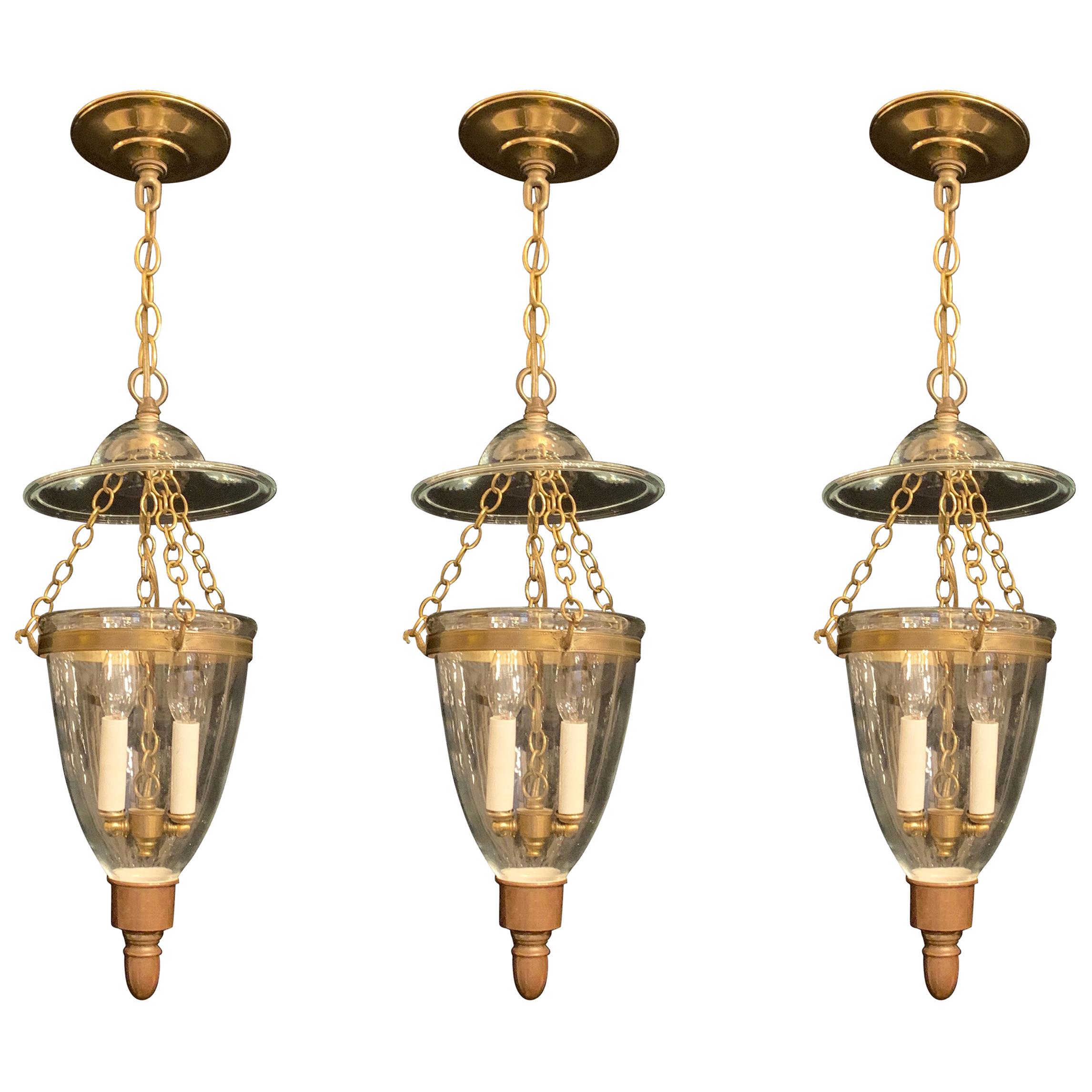 Wonderful Set of 3 Brass Blown Glass English Bell Jar Lantern 2 Light Fixtures