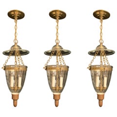 Wonderful Set of 3 Brass Blown Glass English Bell Jar Lantern 2 Light Fixtures