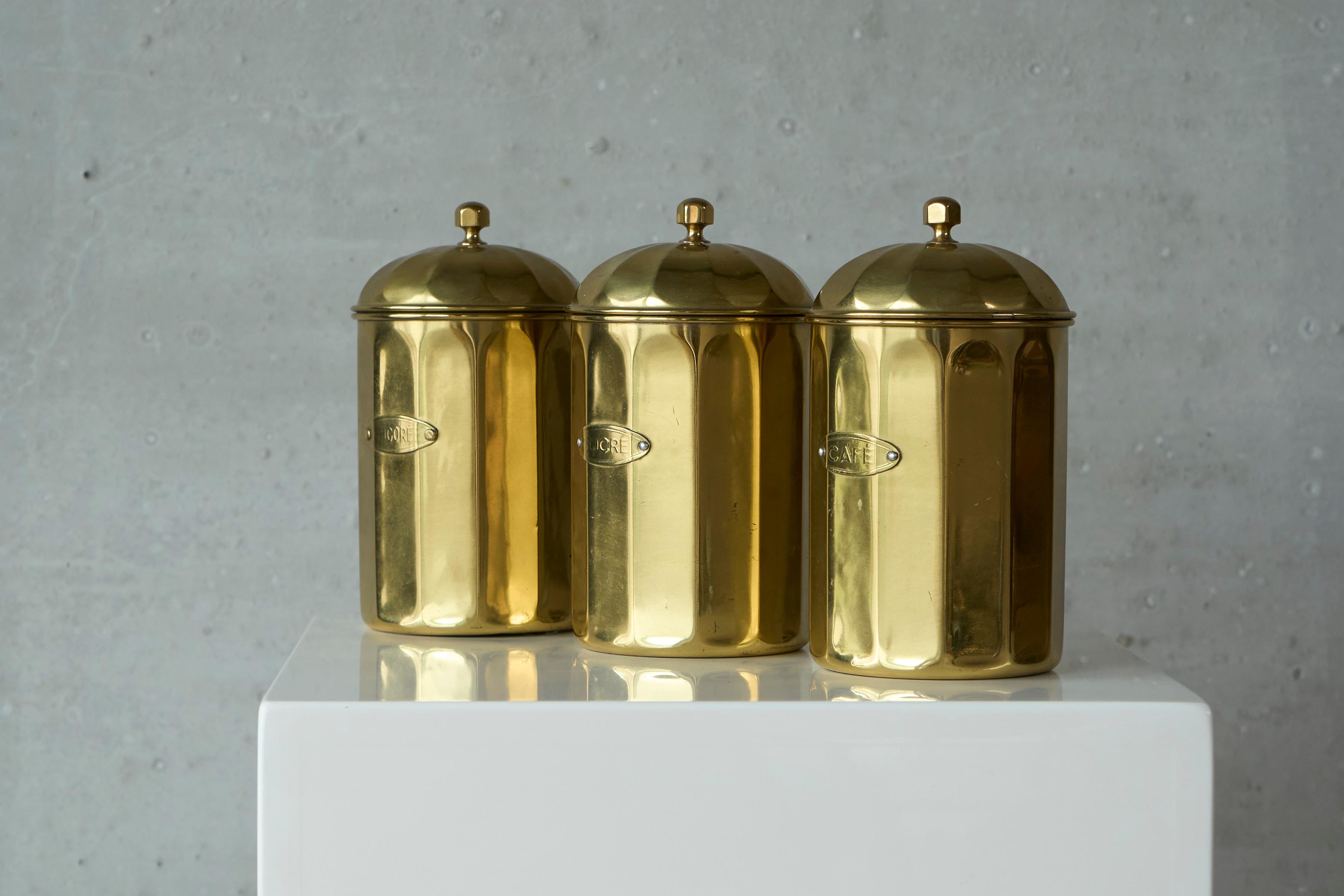 Mid-Century Modern Wonderful Set of 3 Brass Kitchen Canisters Early 20th Century