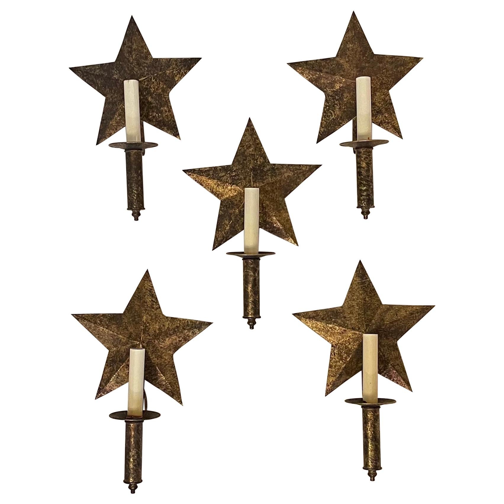 Wonderful Set of 5 Star Form Tole Gold Gilt Wall Rewired Sconces Sold Separately For Sale