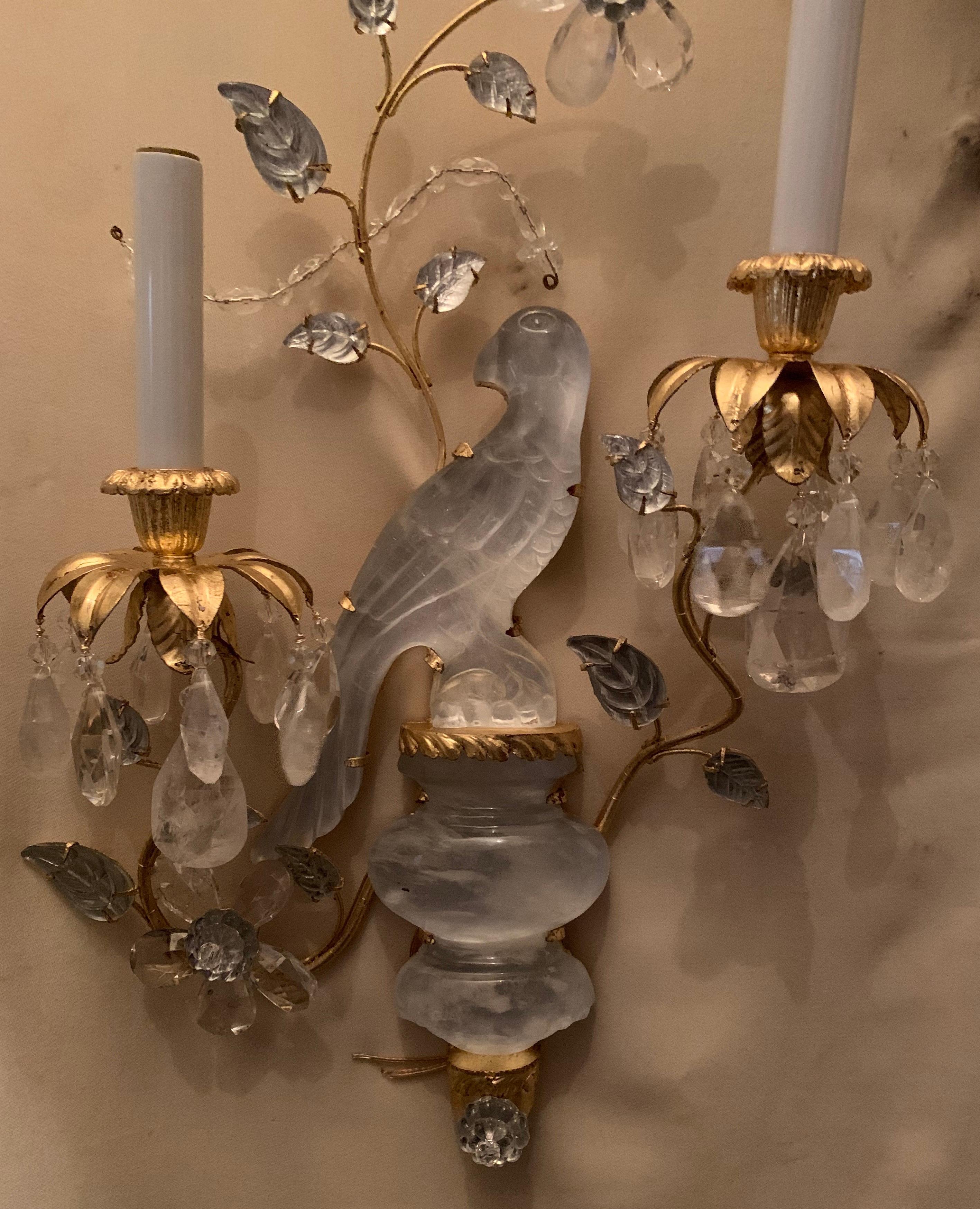 Belle Époque Wonderful Pair Of Baguès Style Two-Arm Rock Crystal Flower Bird Parrot Sconces