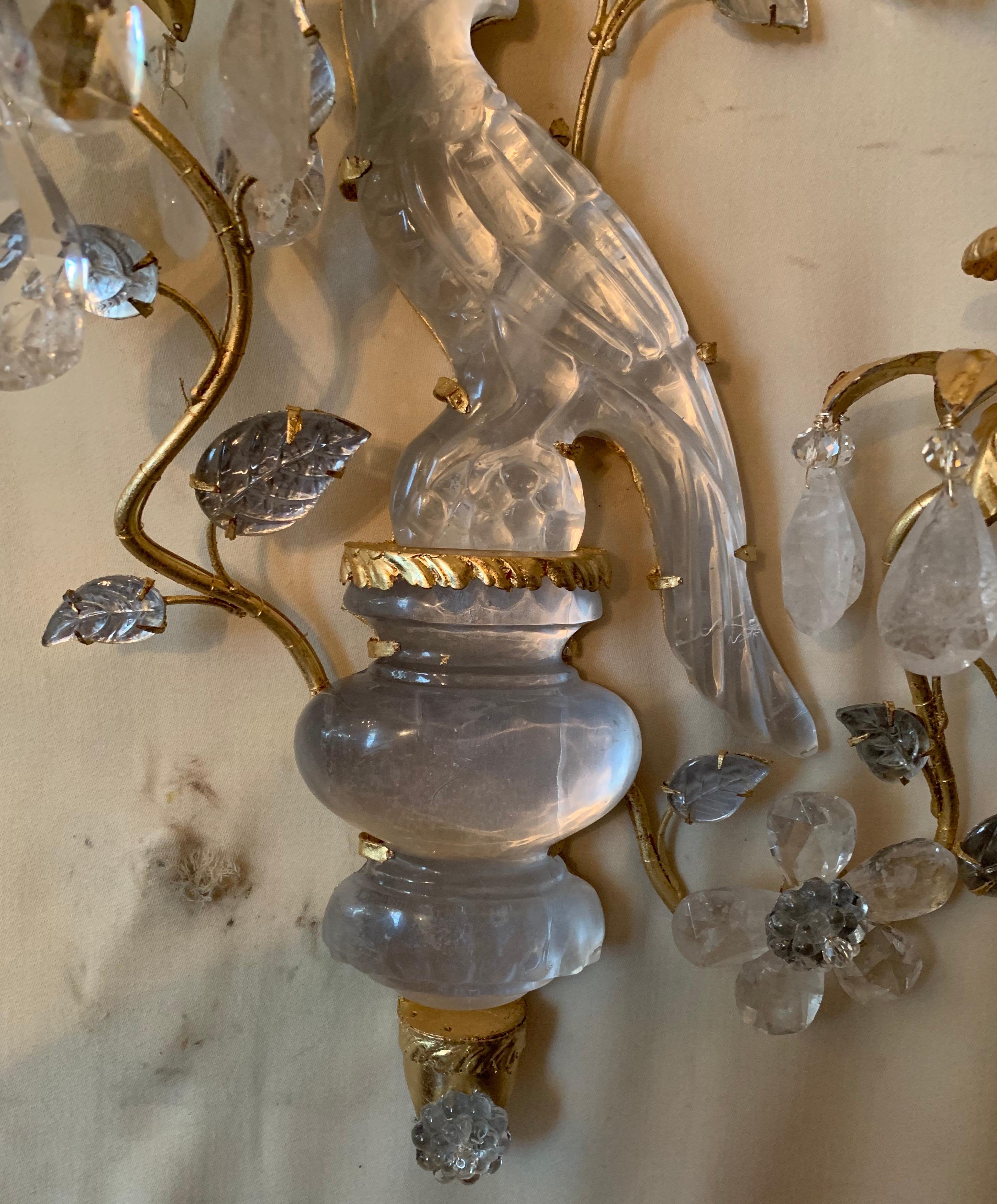 Wonderful Pair Of Baguès Style Two-Arm Rock Crystal Flower Bird Parrot Sconces In Good Condition In Roslyn, NY