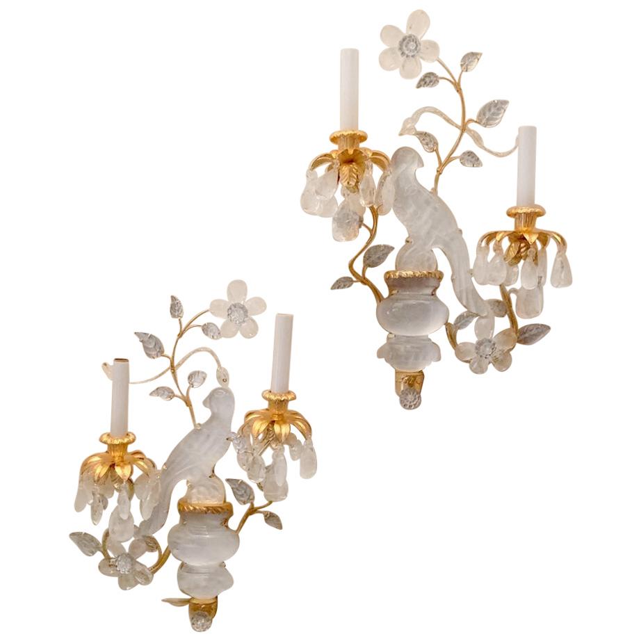 Wonderful Pair Of Baguès Style Two-Arm Rock Crystal Flower Bird Parrot Sconces