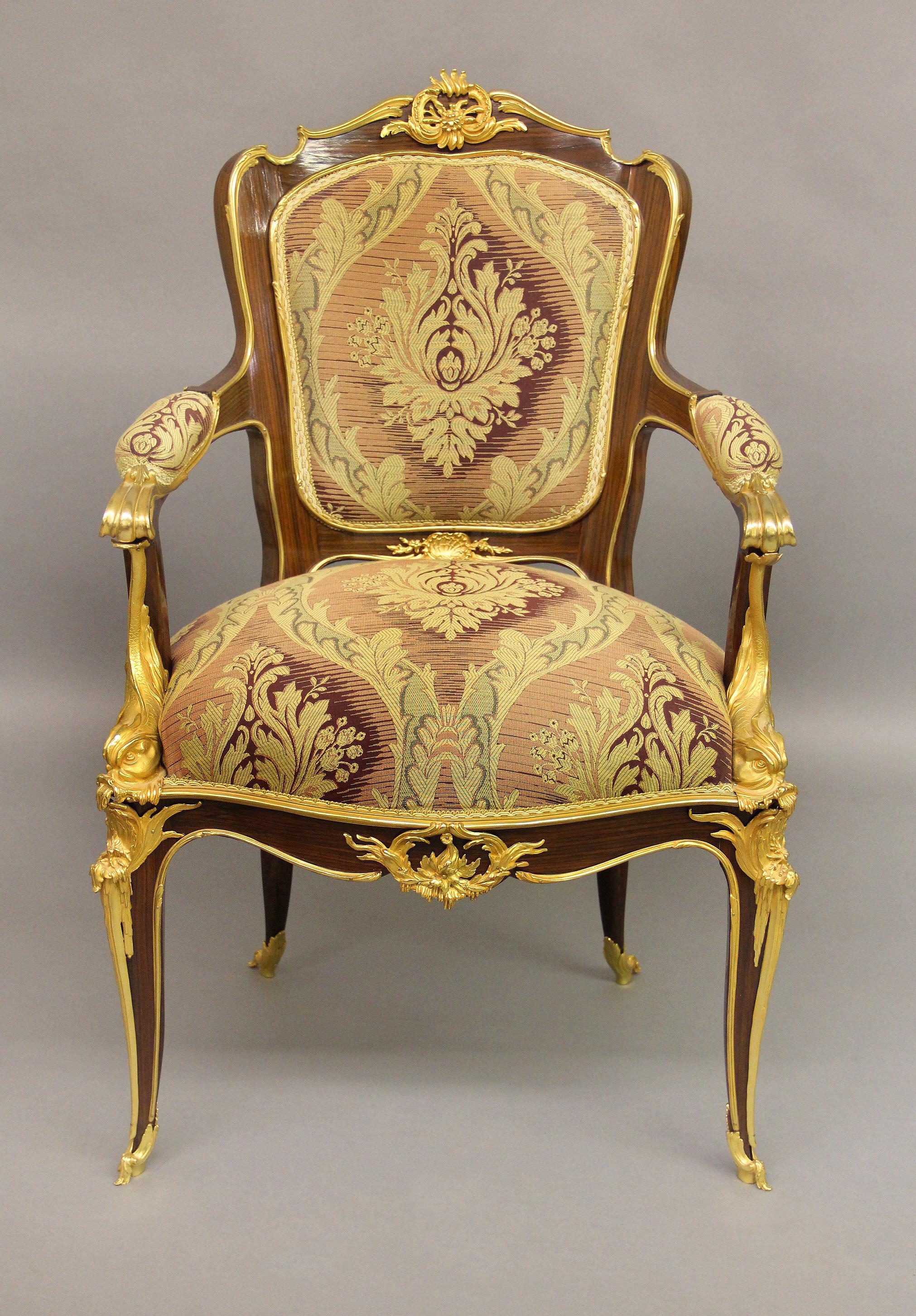 Louis XV Wonderful Set of Eight Gilt Bronze Mounted Dining Chairs after François Linke