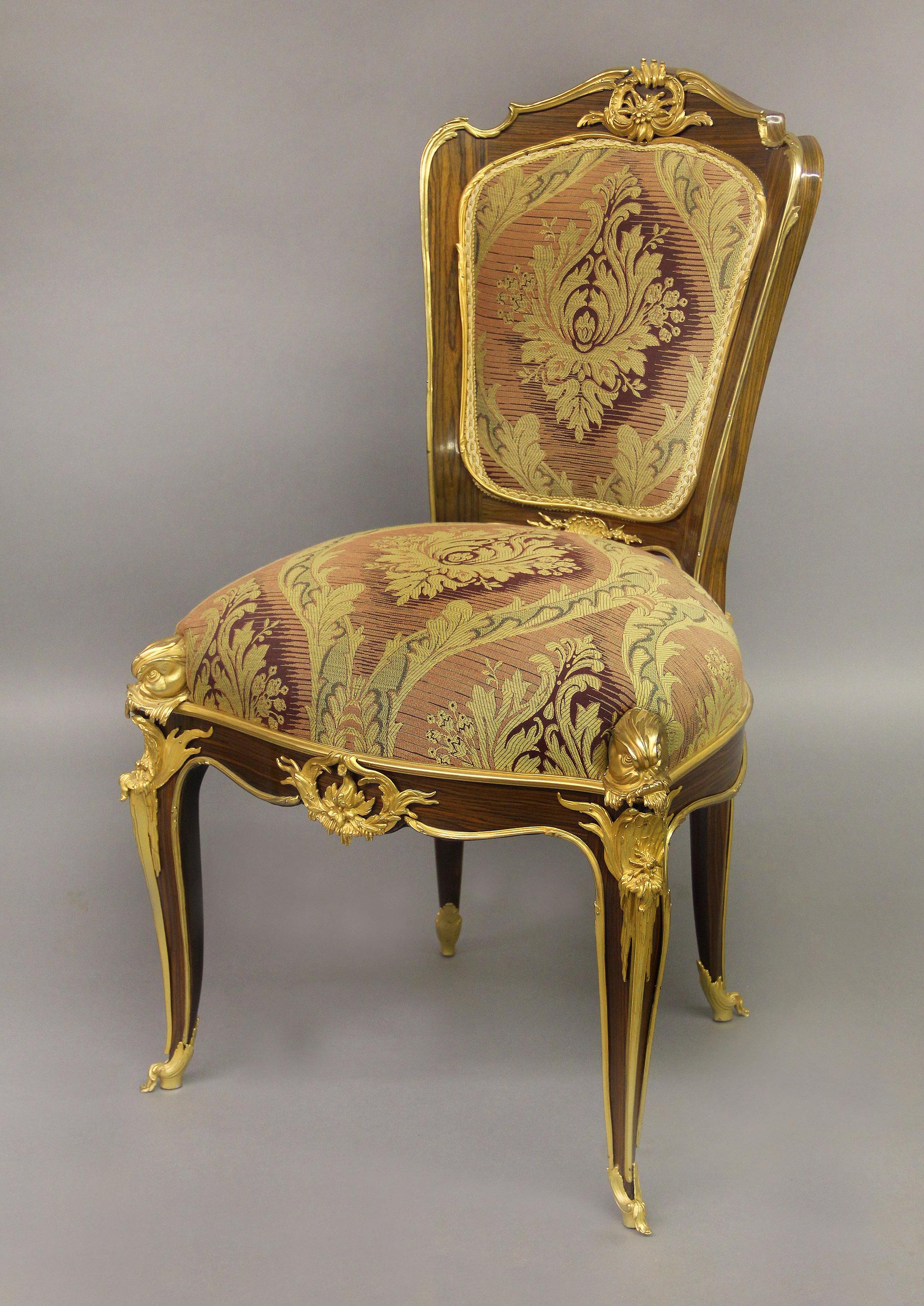 American Wonderful Set of Eight Gilt Bronze Mounted Dining Chairs after François Linke