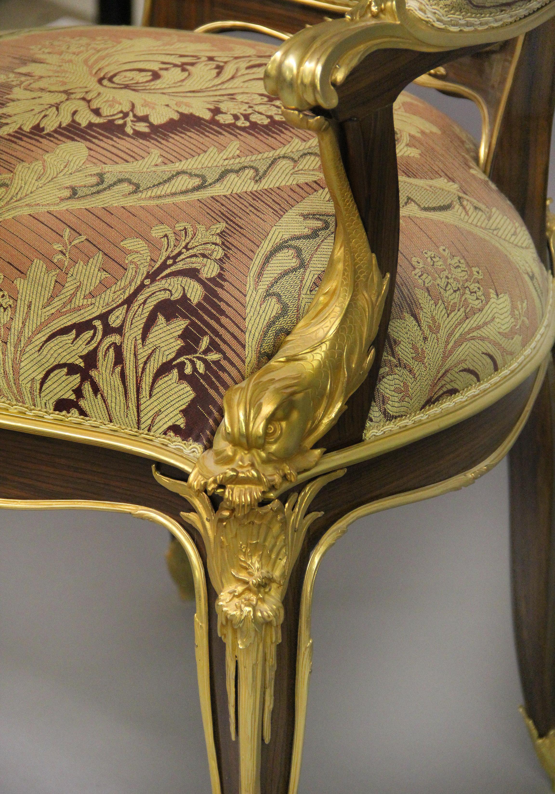 Contemporary Wonderful Set of Eight Gilt Bronze Mounted Dining Chairs after François Linke