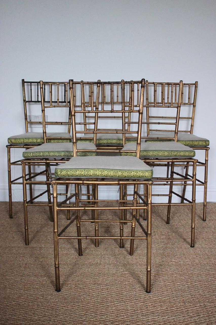 Gilt Wonderful Set of Six 1940s Faux Bamboo Gilded Metal Chairs For Sale