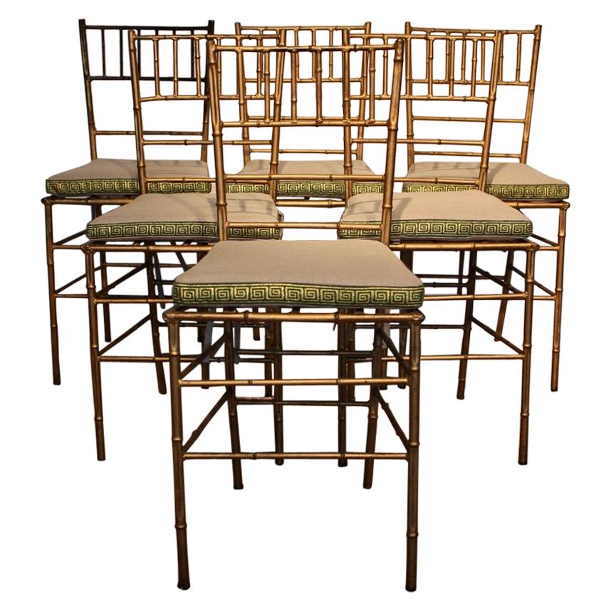 Wonderful Set of Six 1940s Faux Bamboo Gilded Metal Chairs For Sale
