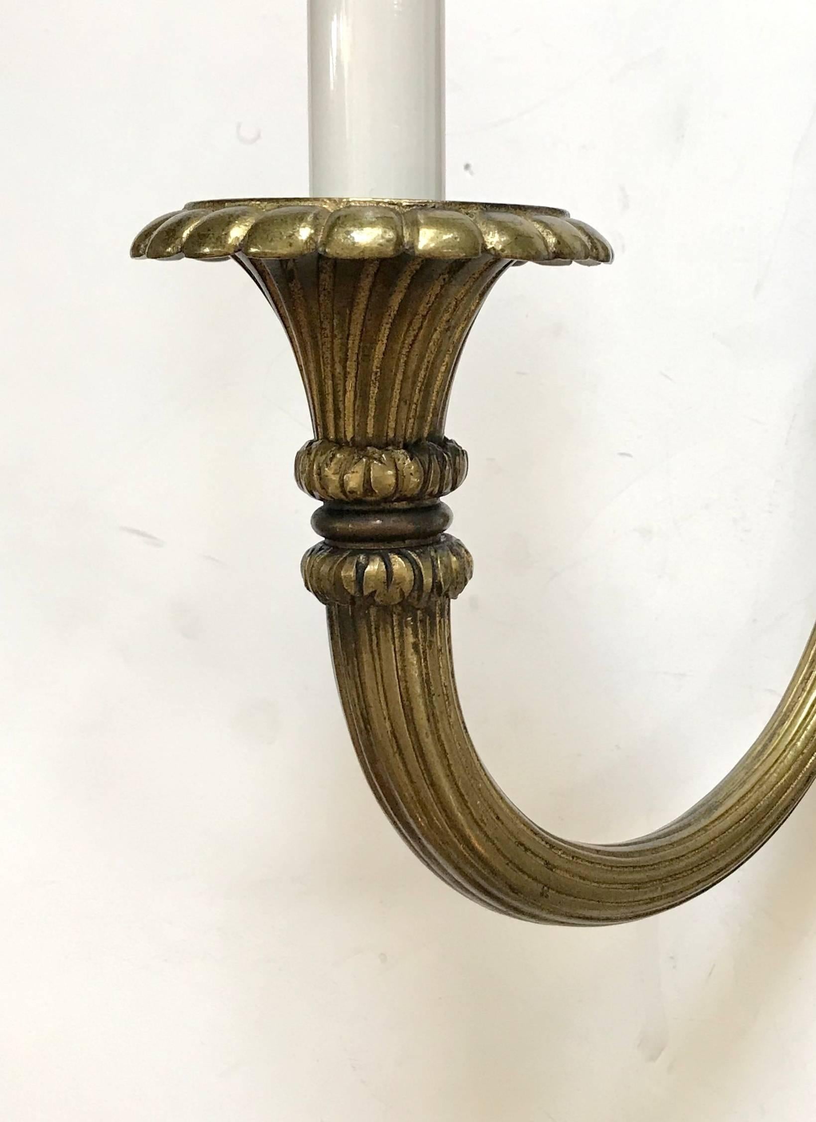 Wonderful Set of Three French Neoclassical Empire Patina Bronze Filigree Sconces In Good Condition For Sale In Roslyn, NY