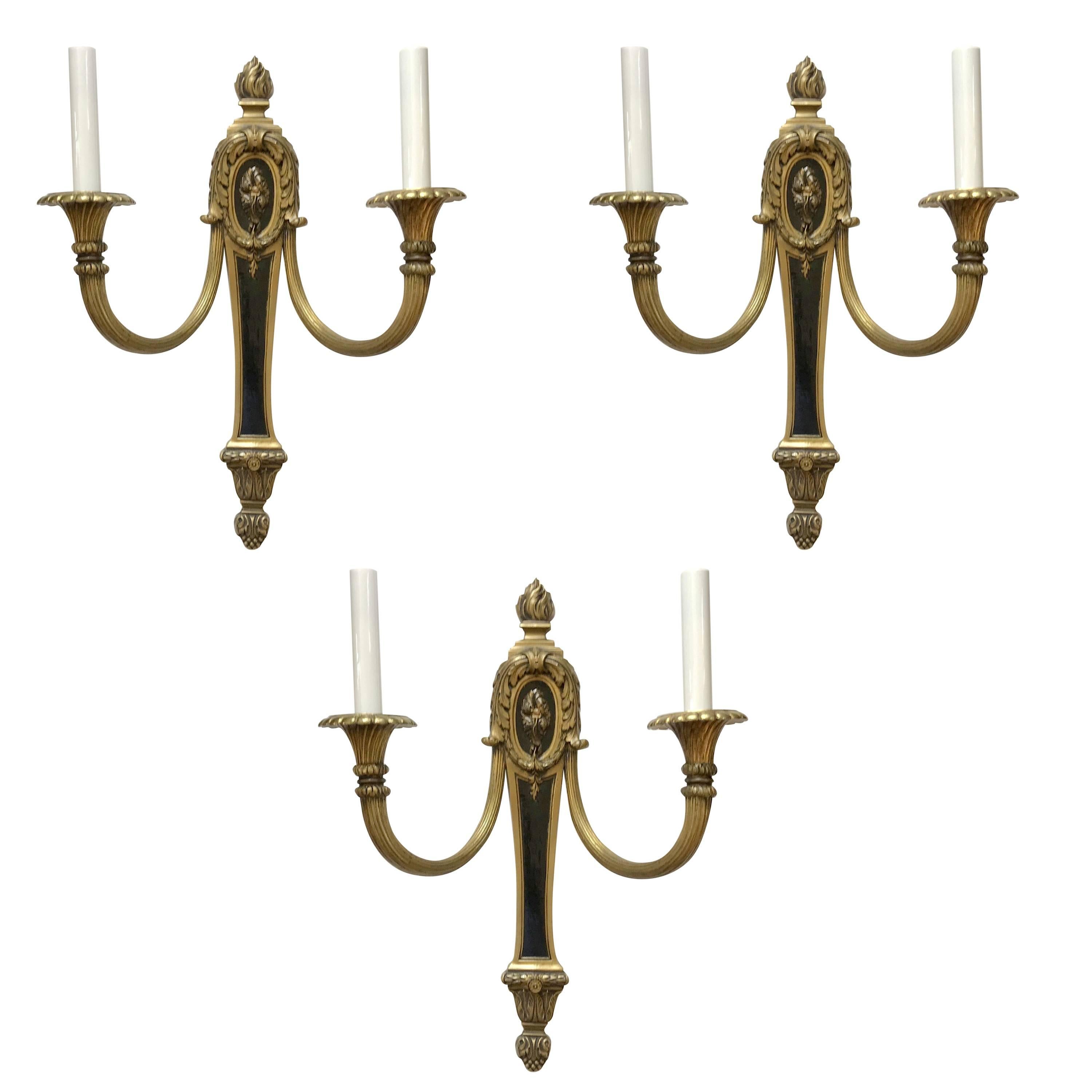 Wonderful Set of Three French Neoclassical Empire Patina Bronze Filigree Sconces For Sale