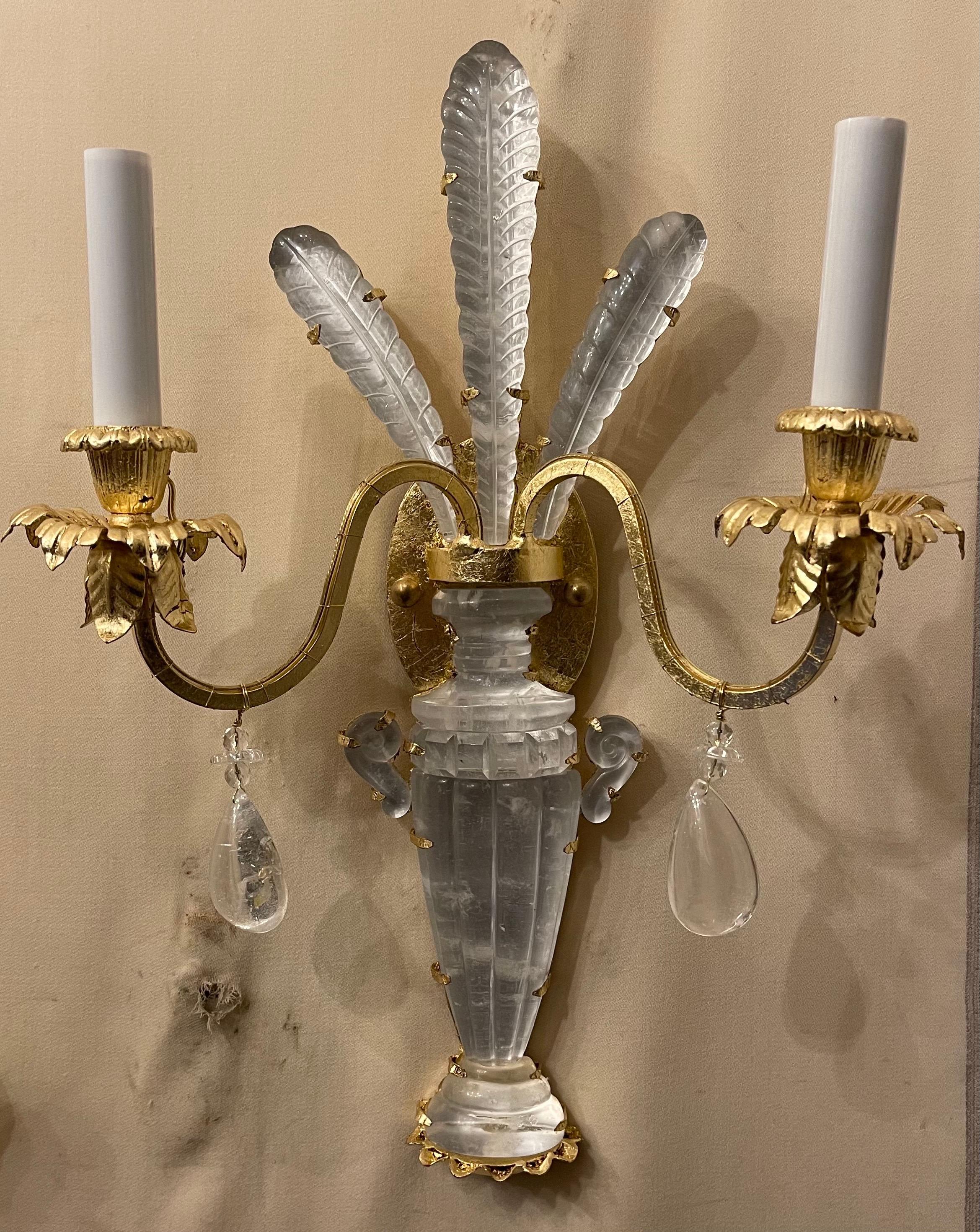 A Wonderful set of six Mid-Century Modern palm leaf urn rock crystal sconces in the manner of Maison Baguès
3 Pairs of sconces available
Each pair sold separately.