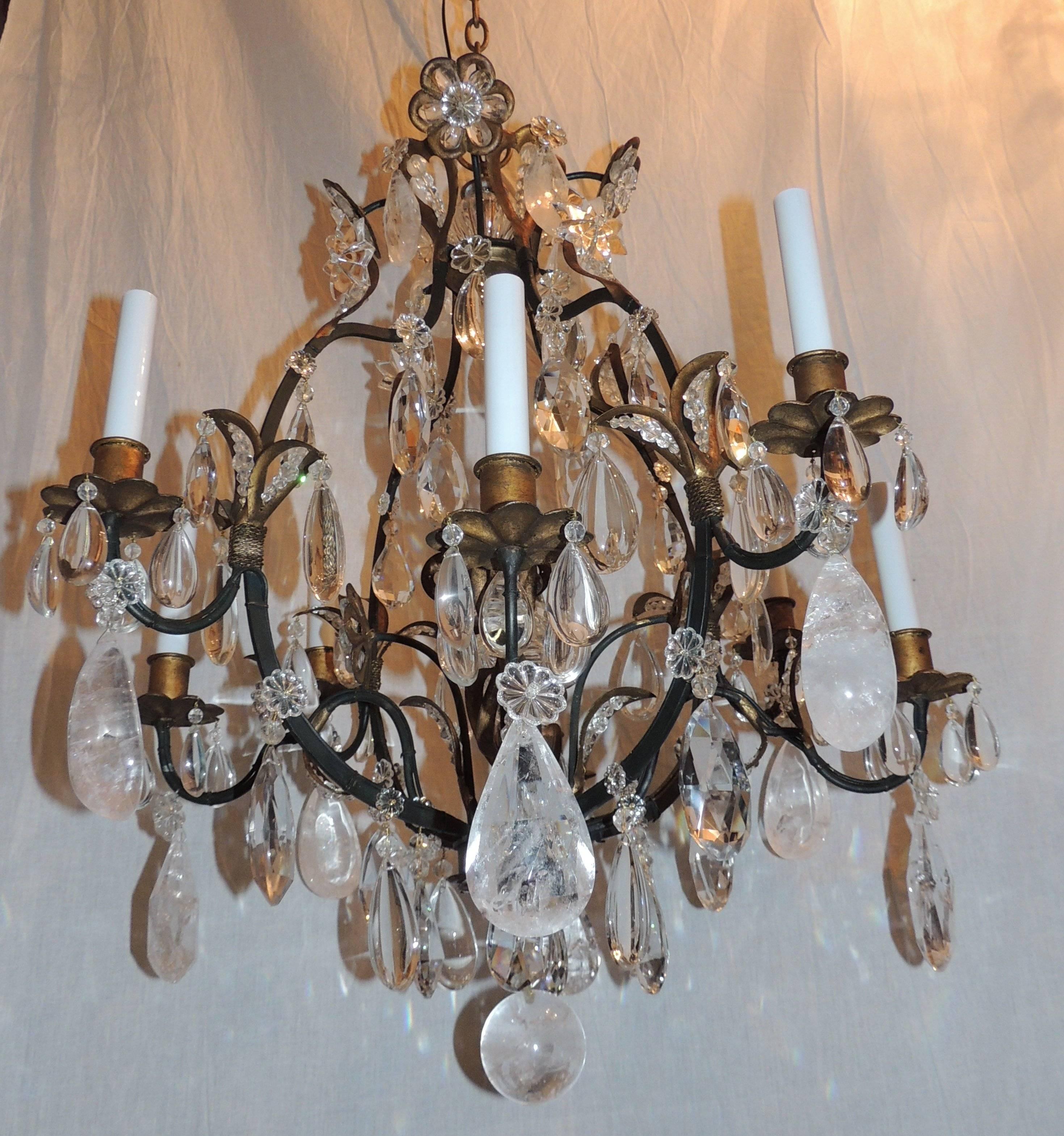 Belle Époque Wonderful Three Baguès Style French Eight-Light Rock Gilt Crystal Chandeliers For Sale