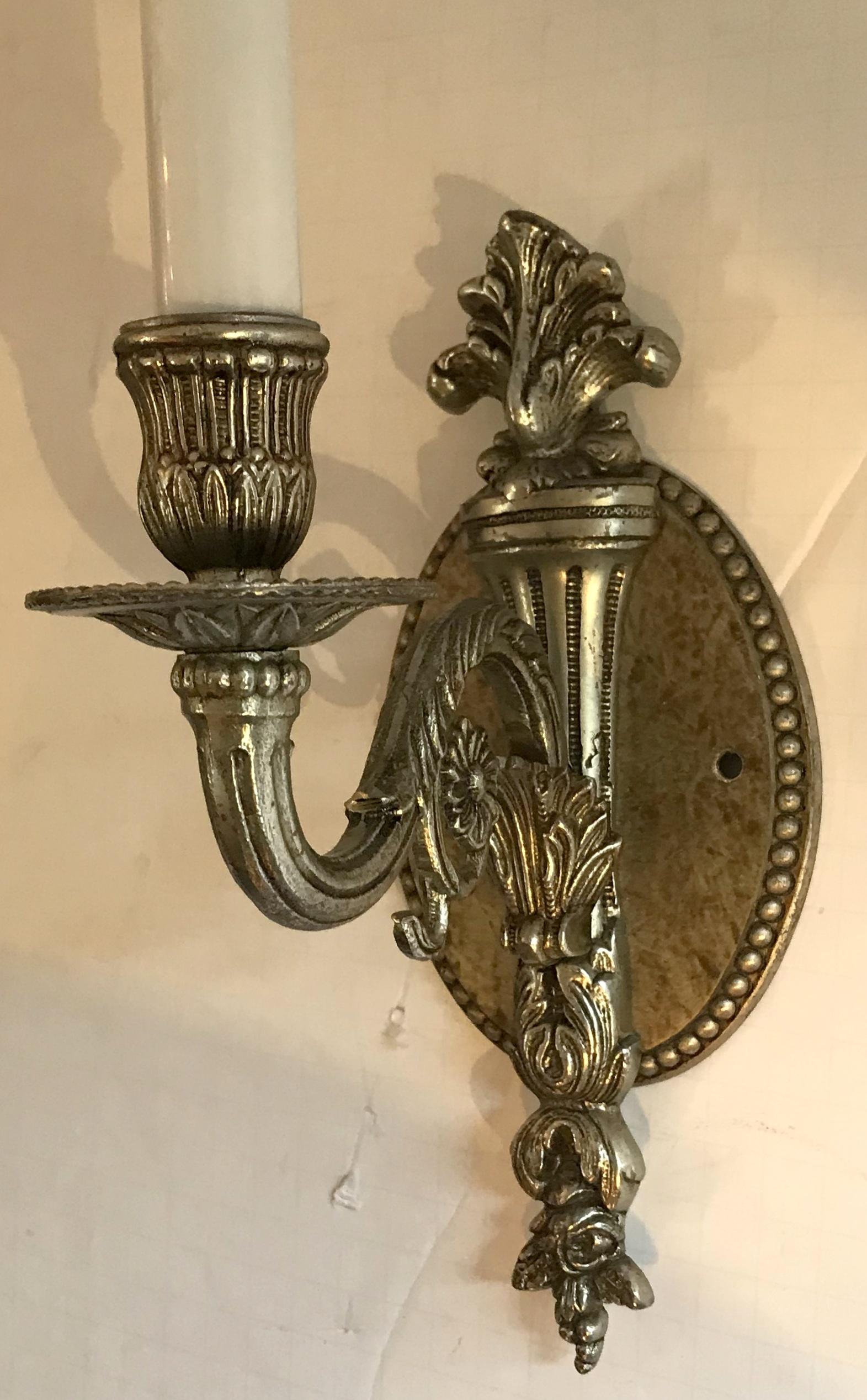 Neoclassical Wonderful Set Three French Silver Single Light Torchiere Filigree Bronze Sconces