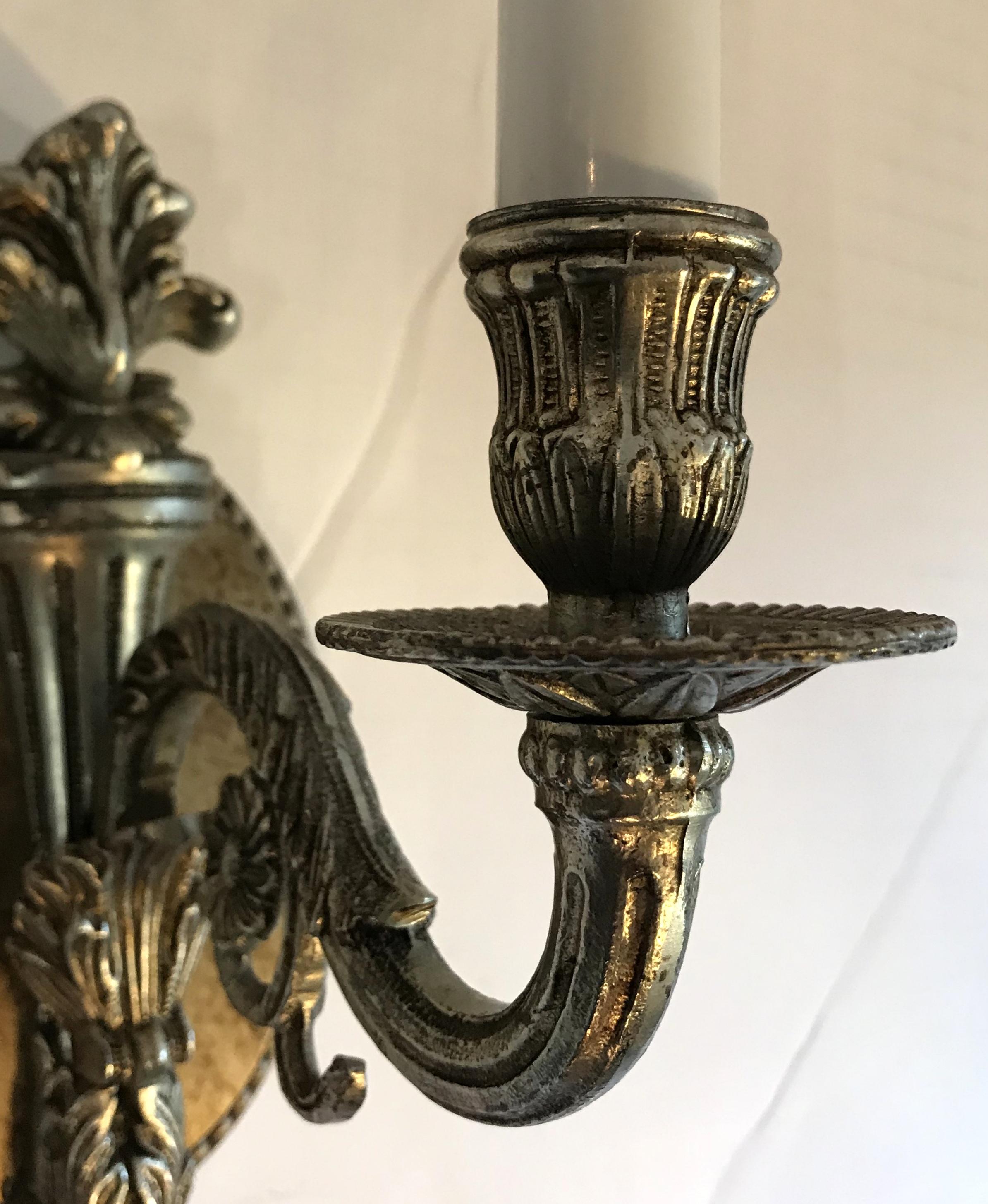 Silvered Wonderful Set Three French Silver Single Light Torchiere Filigree Bronze Sconces