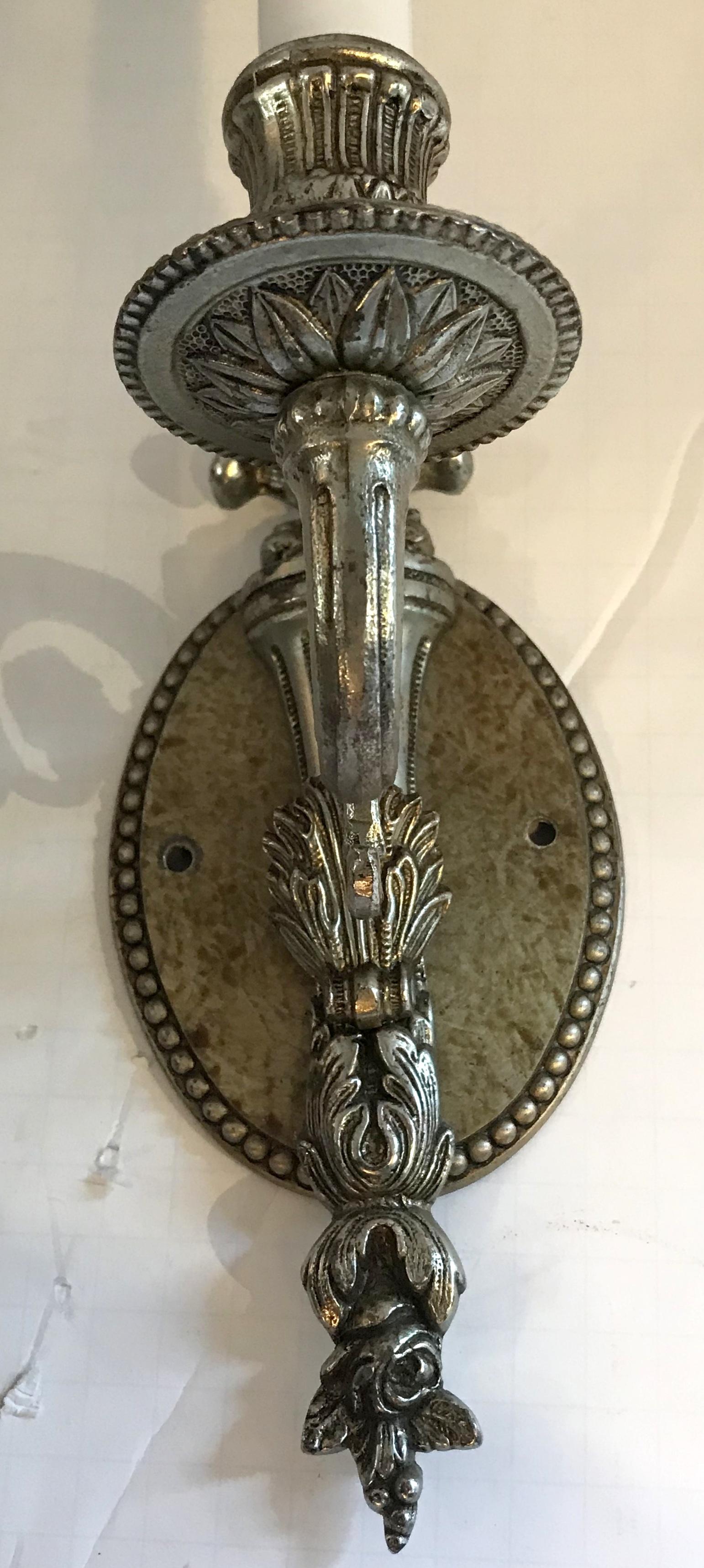 Wonderful Set Three French Silver Single Light Torchiere Filigree Bronze Sconces In Good Condition In Roslyn, NY