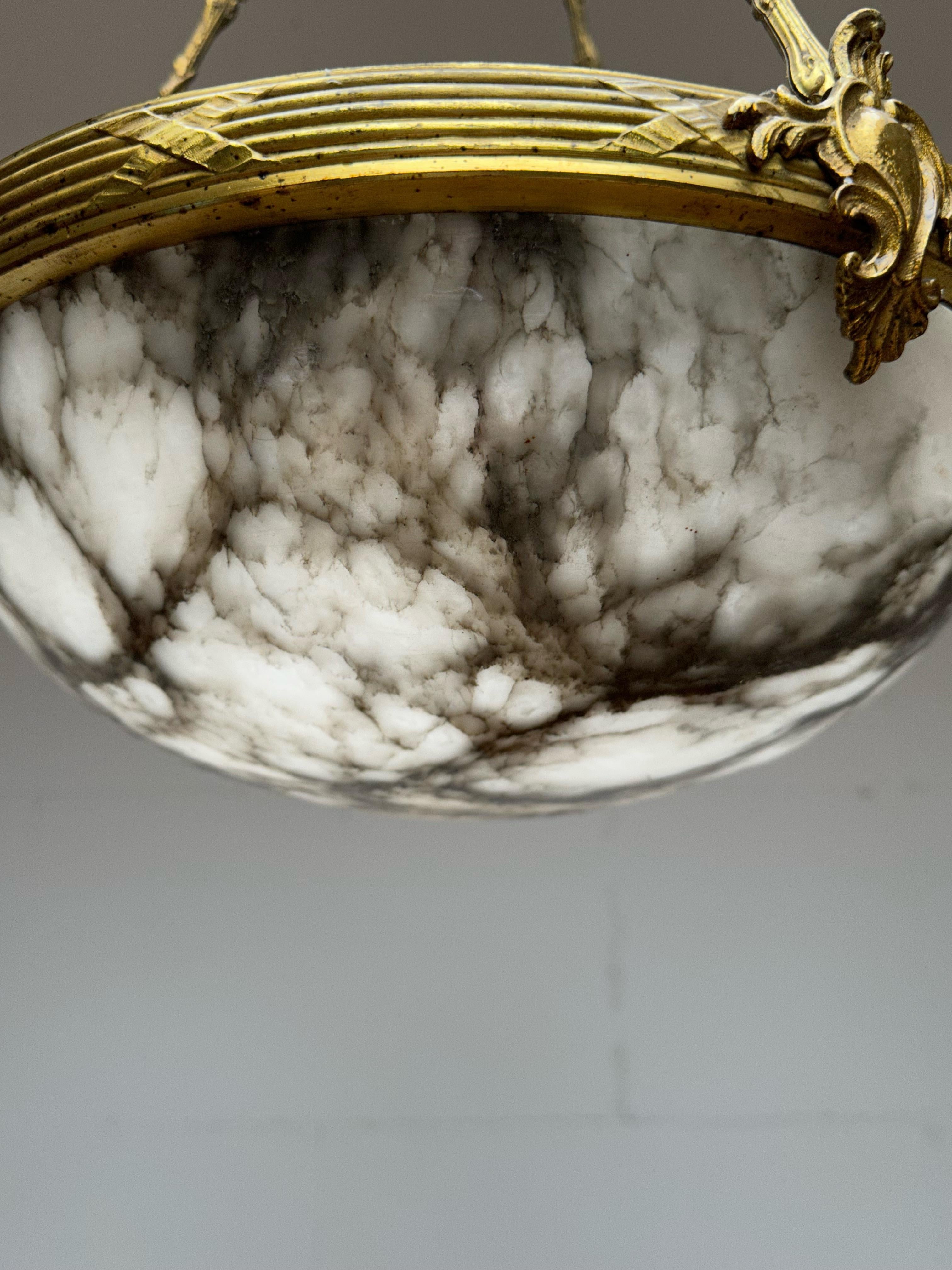 Wonderful Shape White and Black Veins Mint Alabaster & Gilt Brass Pendant Light 4