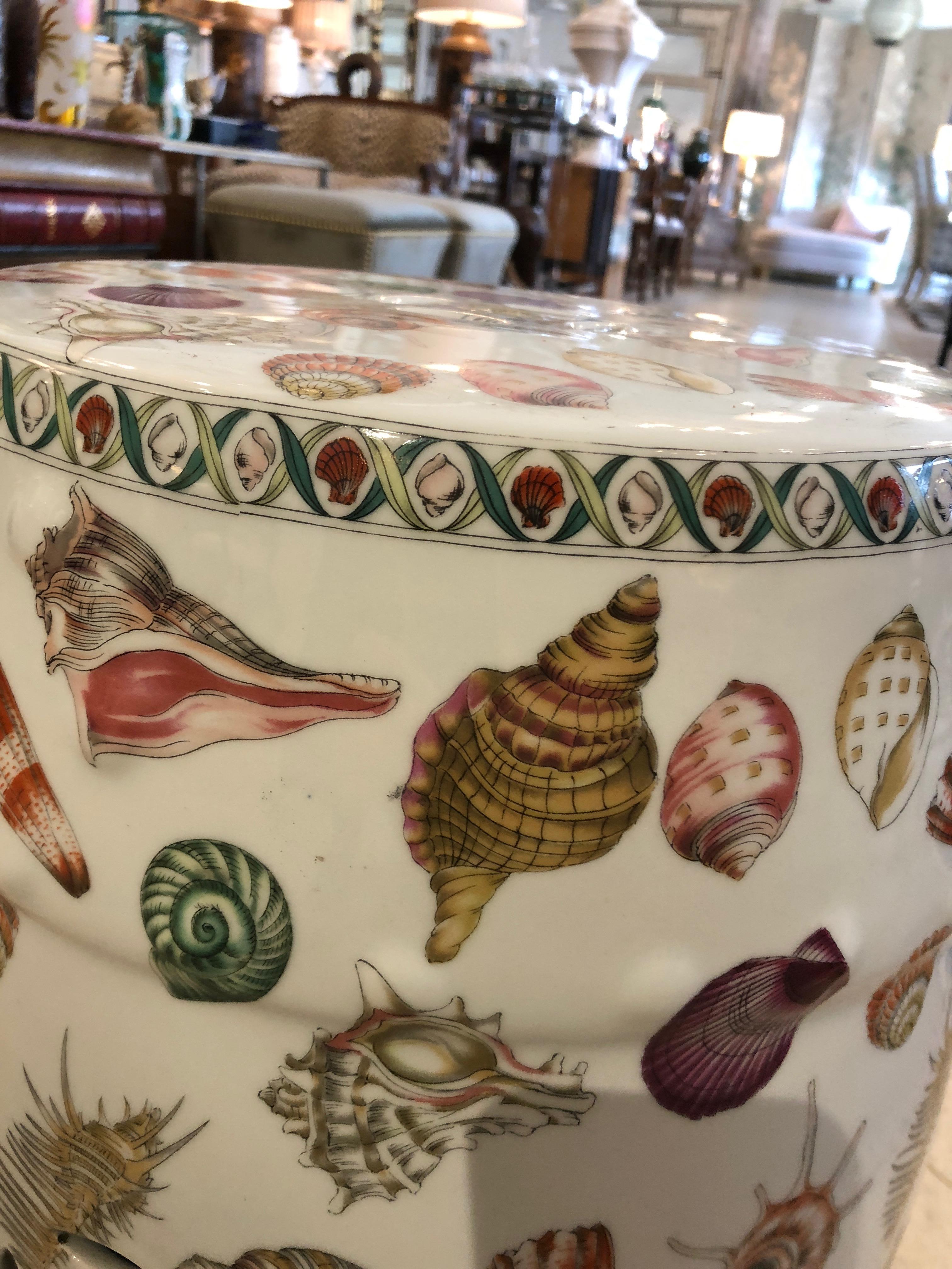 Wonderful Shell Motife Porcelain Garden Seat End Table In Excellent Condition In Hopewell, NJ