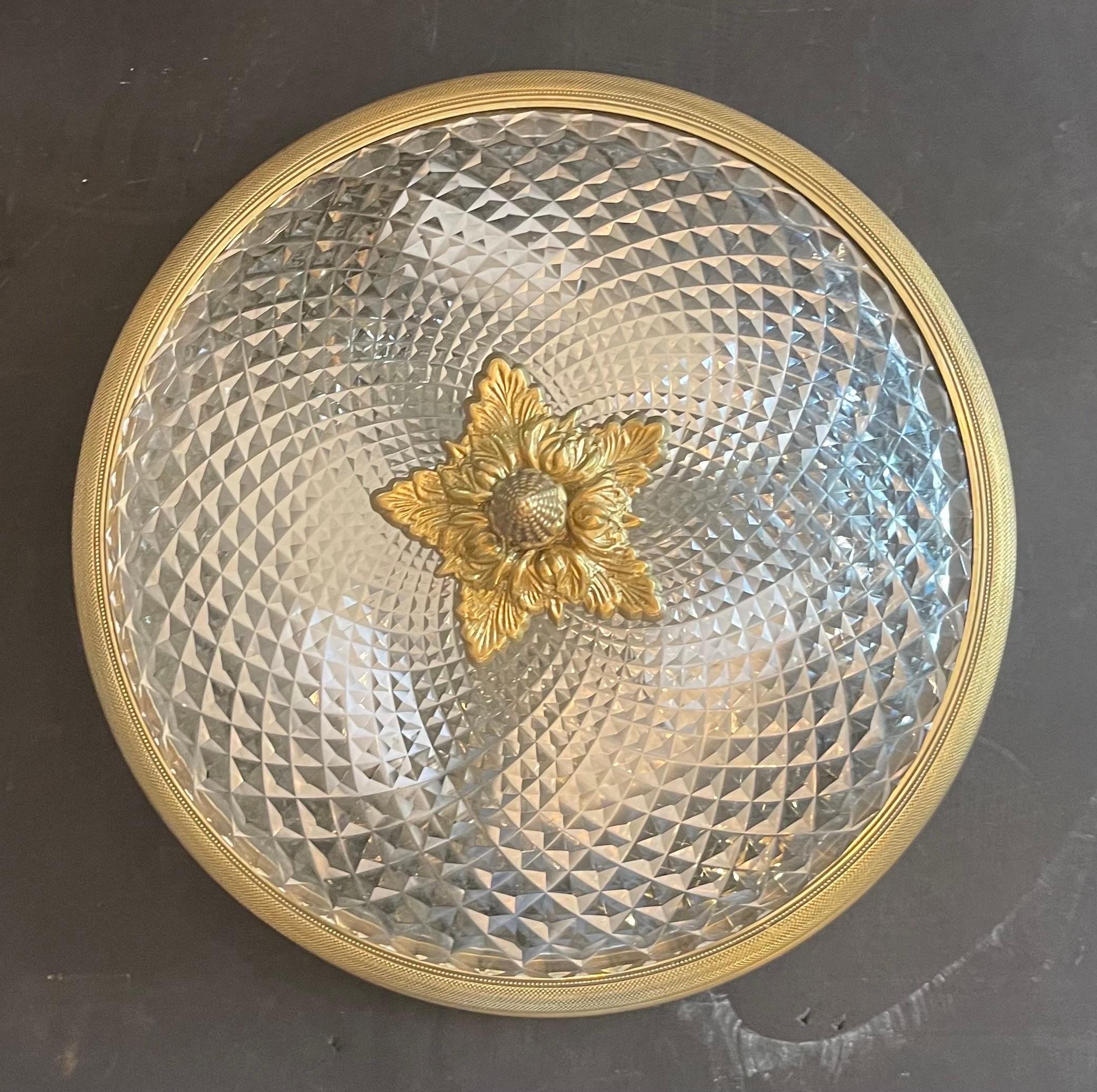 Faceted Wonderful Sherle Wagner Knurled Doré Bronze Cut Crystal Flush Mount Fixture