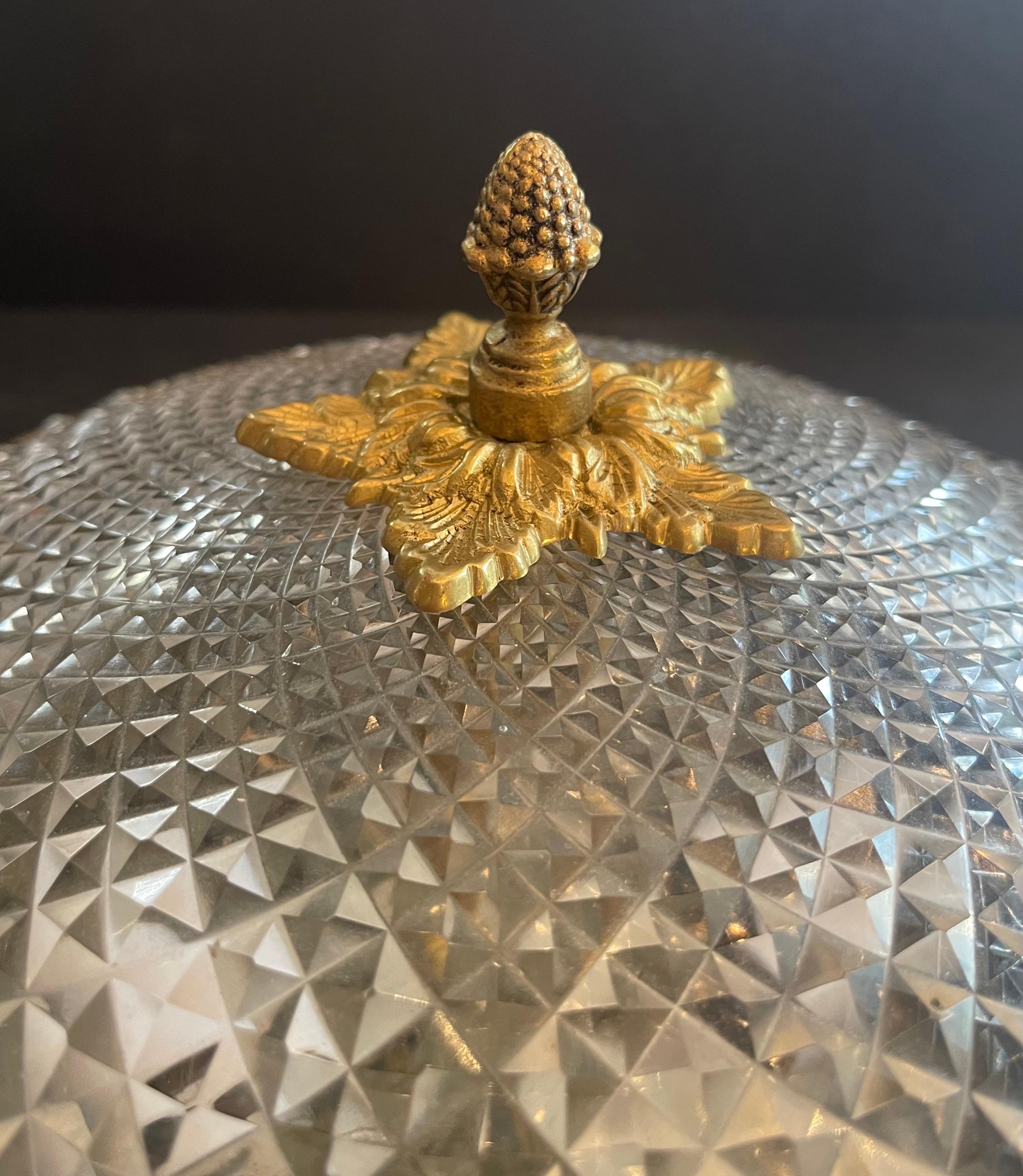 Wonderful Sherle Wagner Knurled Doré Bronze Cut Crystal Flush Mount Fixture In Good Condition In Roslyn, NY