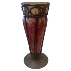 Wonderful Signed Charles Schneider Art Glass & Wrought Iron Mounted Vase