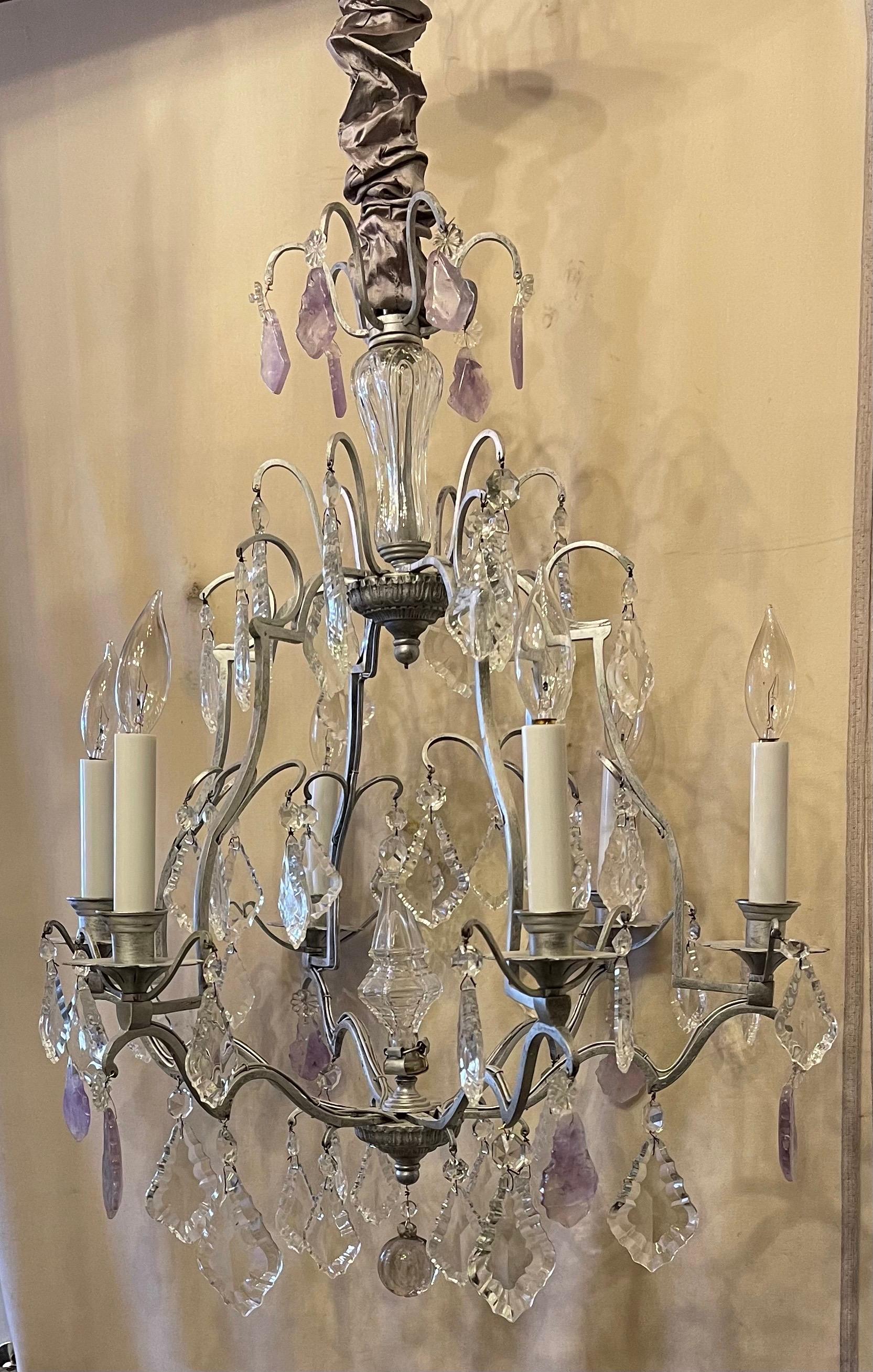 A Wonderful Silver Gilt Baguès French Louis XVI Style Amethyst & Rock Crystal Drop 6 Candelabra Light Bird Cage Chandelier, Rewired And Comes With Chain Canopy And Mounting Hardware.