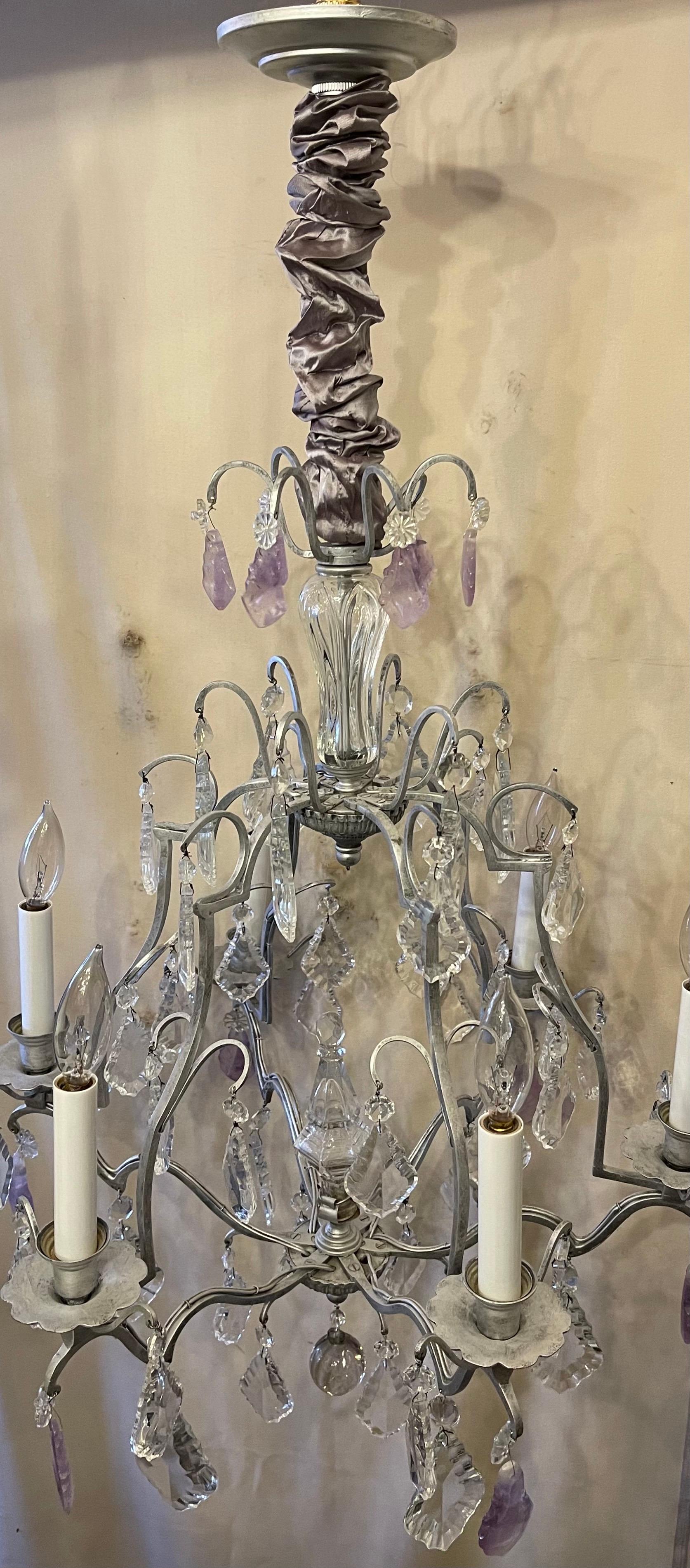 Wonderful Silver Gilt Baguès French Louis XVI Amethyst Rock Crystal Chandelier In Good Condition For Sale In Roslyn, NY