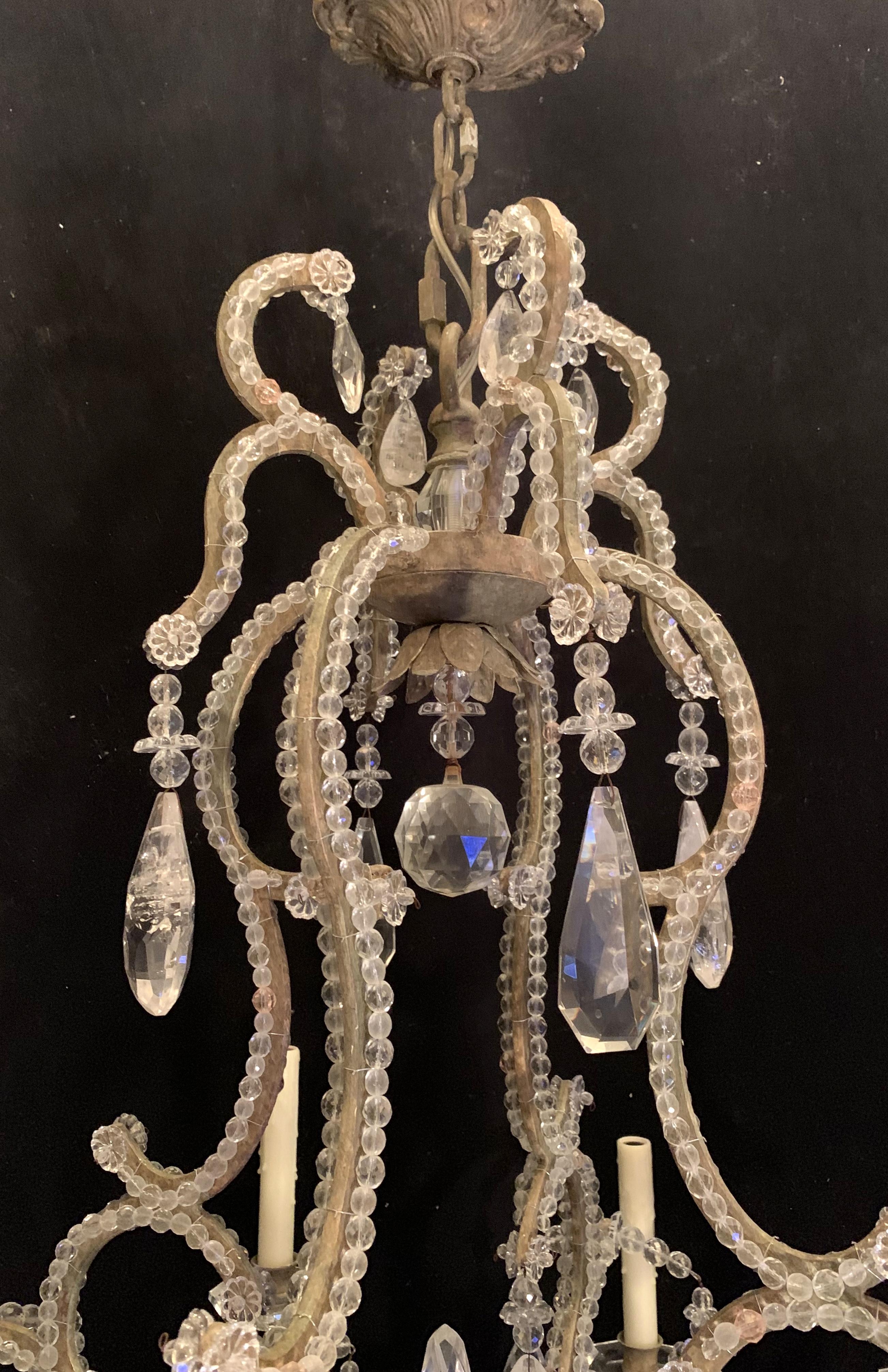 Wonderful Silver Gilt Bagues Rock Crystal Beaded Large Jansen Chandelier Fixture In Good Condition In Roslyn, NY
