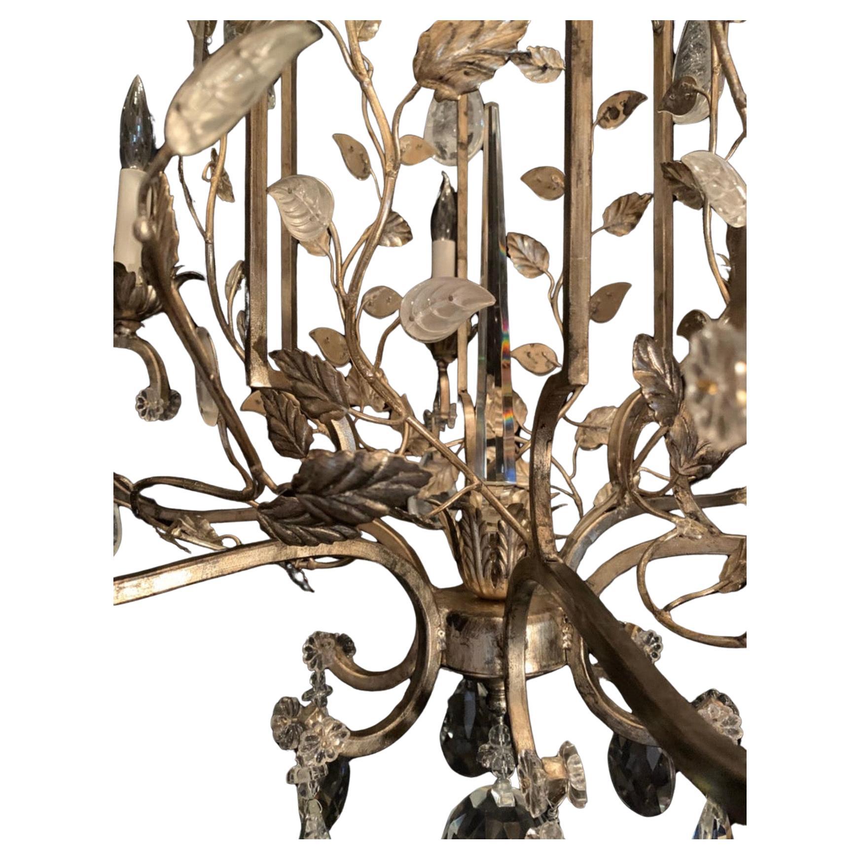 A wonderful silver gilt Baguès style French Louis XVI faux rock crystal leaf and flower 6 candelabra light chandelier, rewired and ready to install with chain canopy and all mounting hardware.
