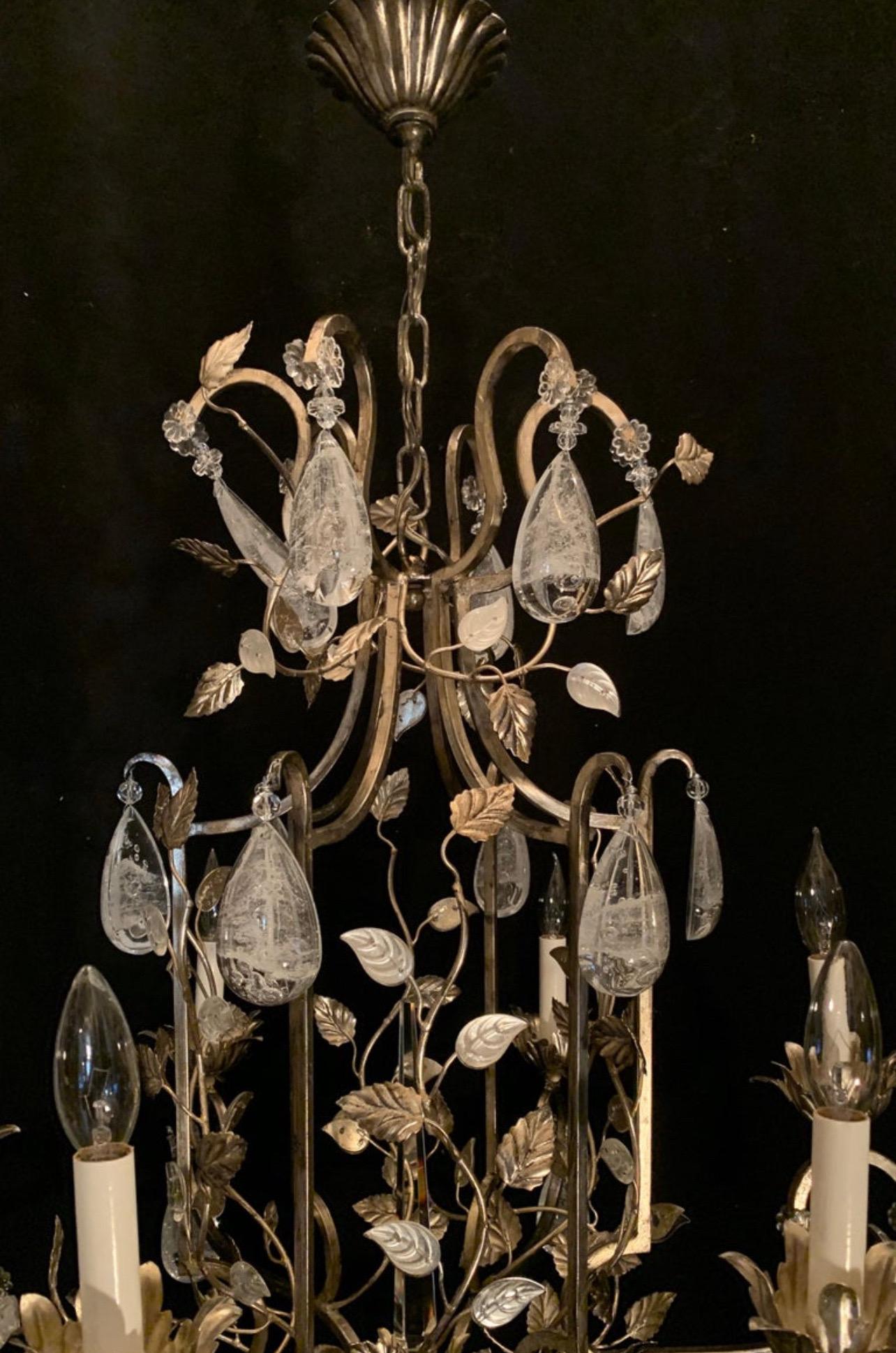 Mid-Century Modern Wonderful Silver Gilt Baguès Style French Louis XVI Rock Crystal Leaf Chandelier For Sale
