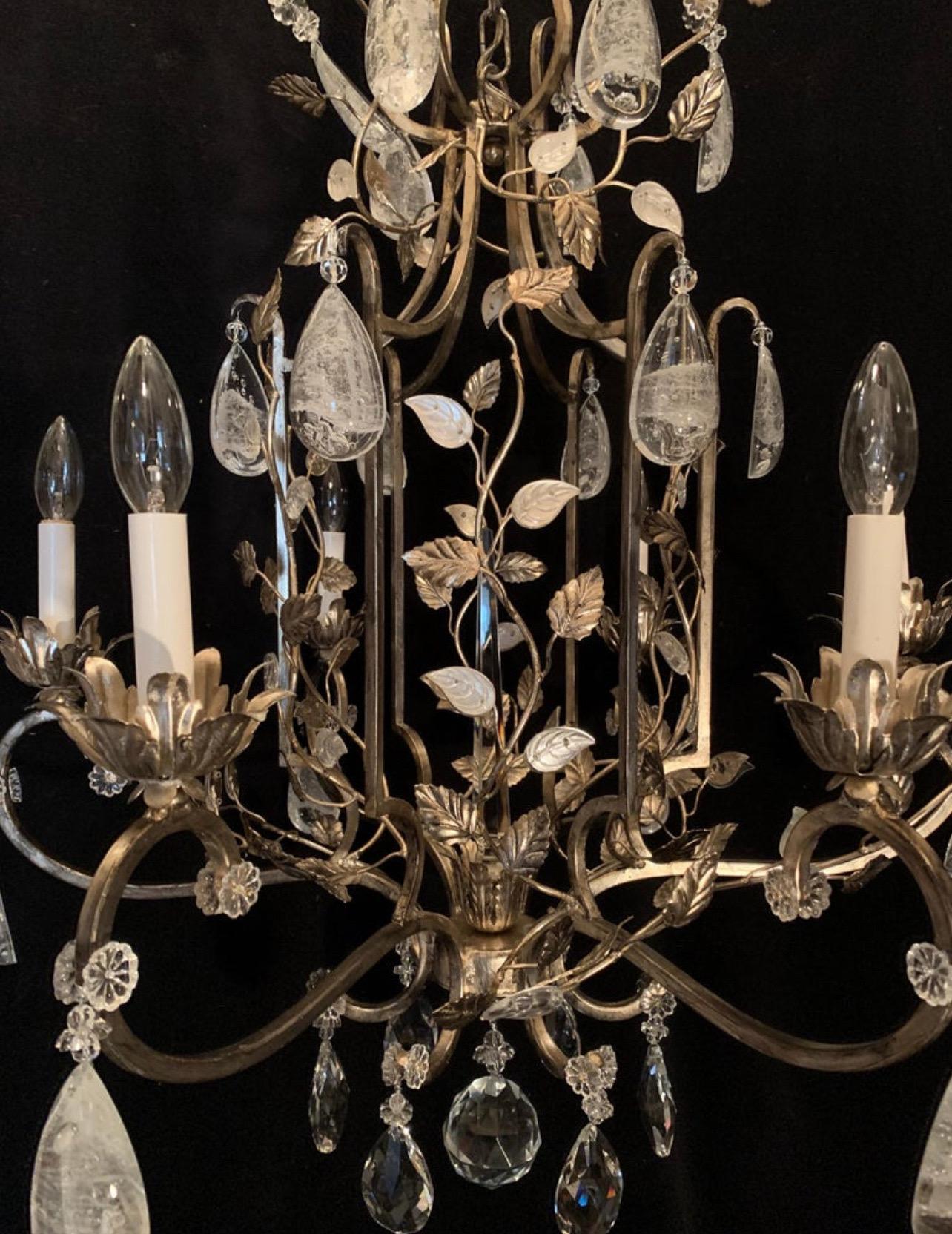 Wonderful Silver Gilt Baguès Style French Louis XVI Rock Crystal Leaf Chandelier In Good Condition For Sale In Roslyn, NY