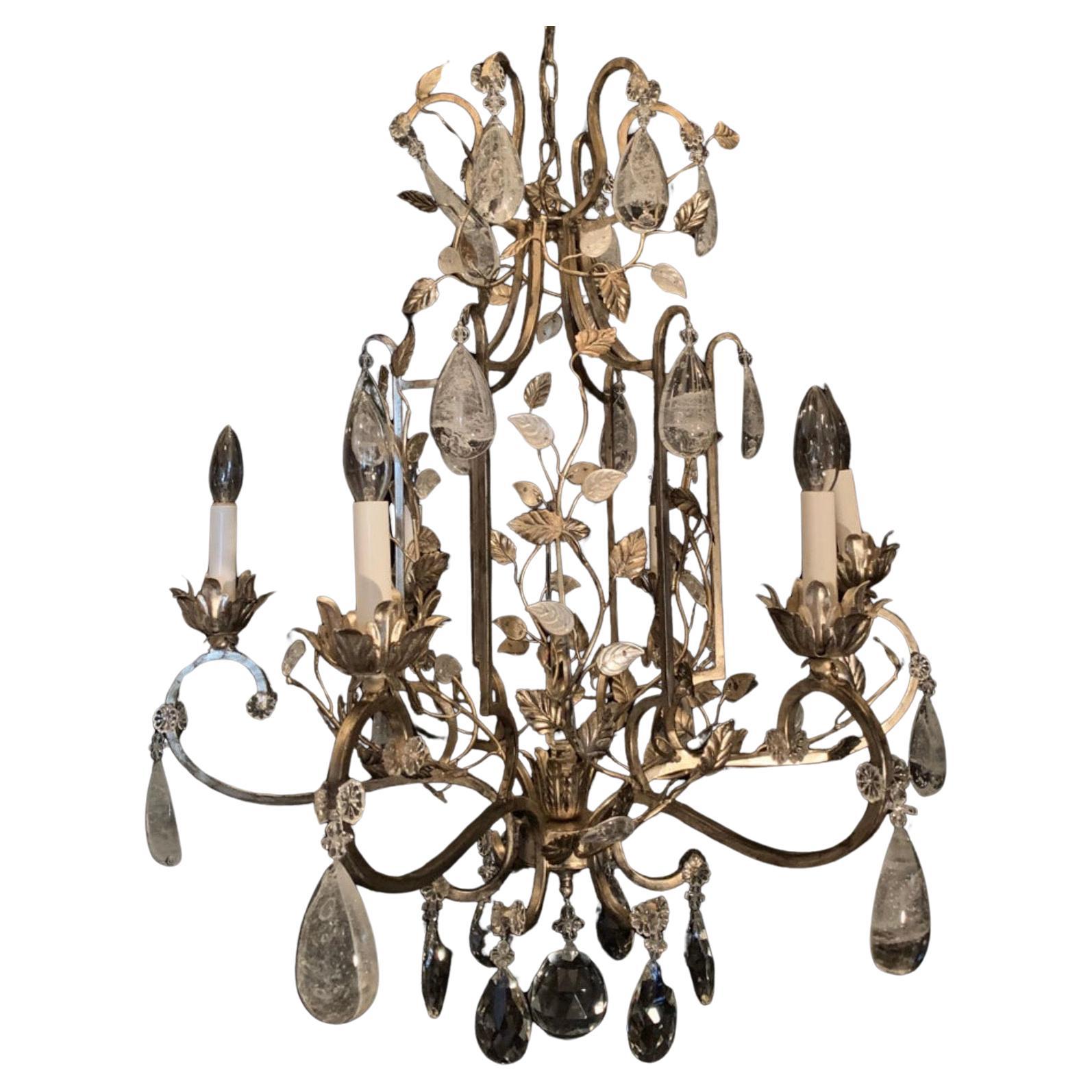 Wonderful Silver Gilt Baguès Style French Louis XVI Rock Crystal Leaf Chandelier For Sale