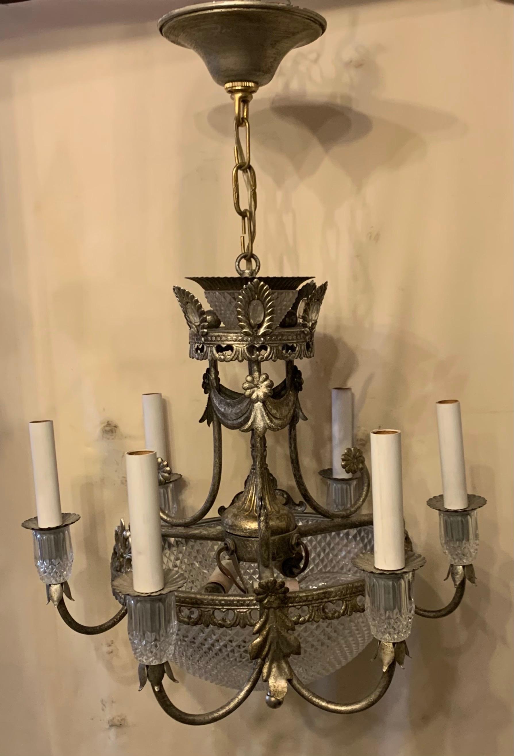 A wonderful silver gilt tole cut crystal / glass bowl basket form chandelier fixture, outfitted with 6 arms and three lights inside each center bowl.
 