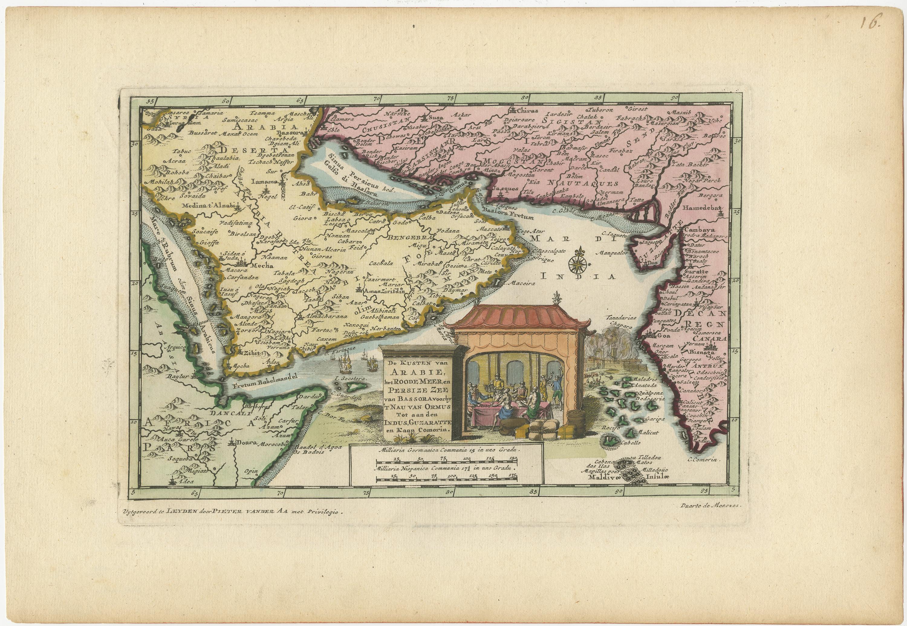 Wunderschöne kleine Karte, die die Küsten von Arabien, Persien und Westindien abdeckt. Es illustriert die Reisen von Duarte de Menezes, der Vizekönig von Portugal-Indien wurde. Van der Aas Karten waren typisch für die Kartografie der damaligen Zeit,