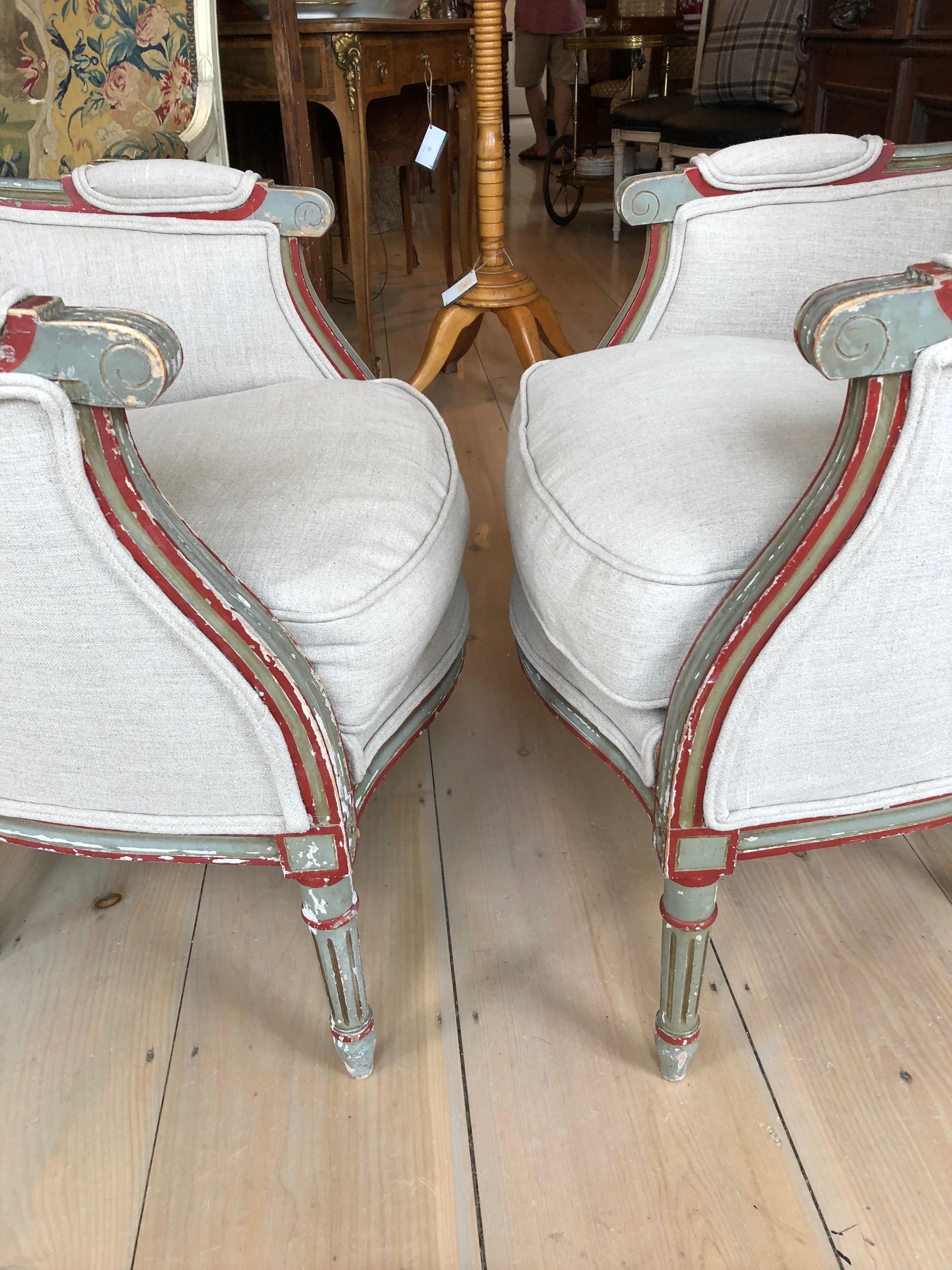 Wonderful Smallish Pair of French Painted and Upholstered Bergere Club Chairs 5