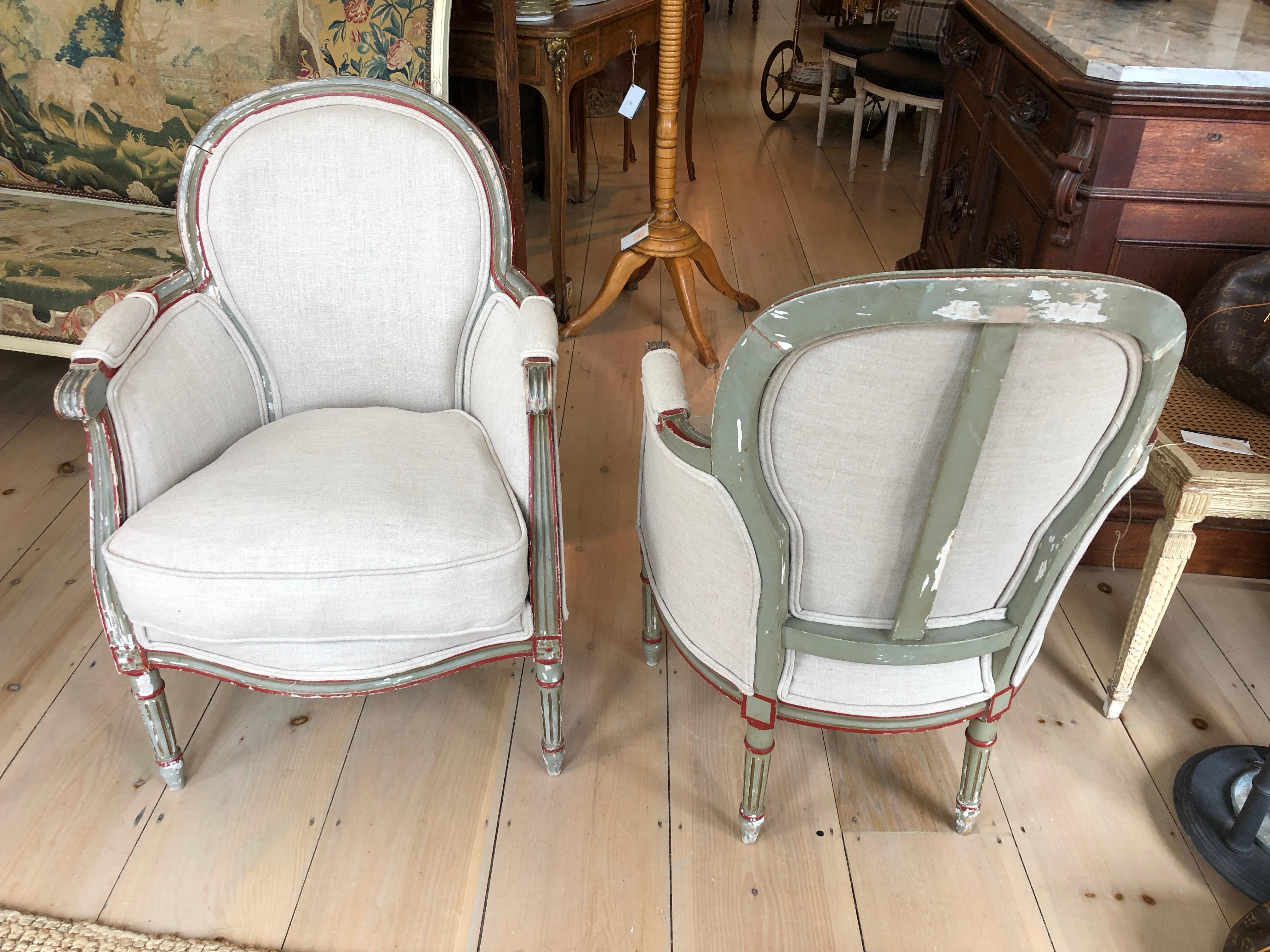 Wonderful Smallish Pair of French Painted and Upholstered Bergere Club Chairs 6