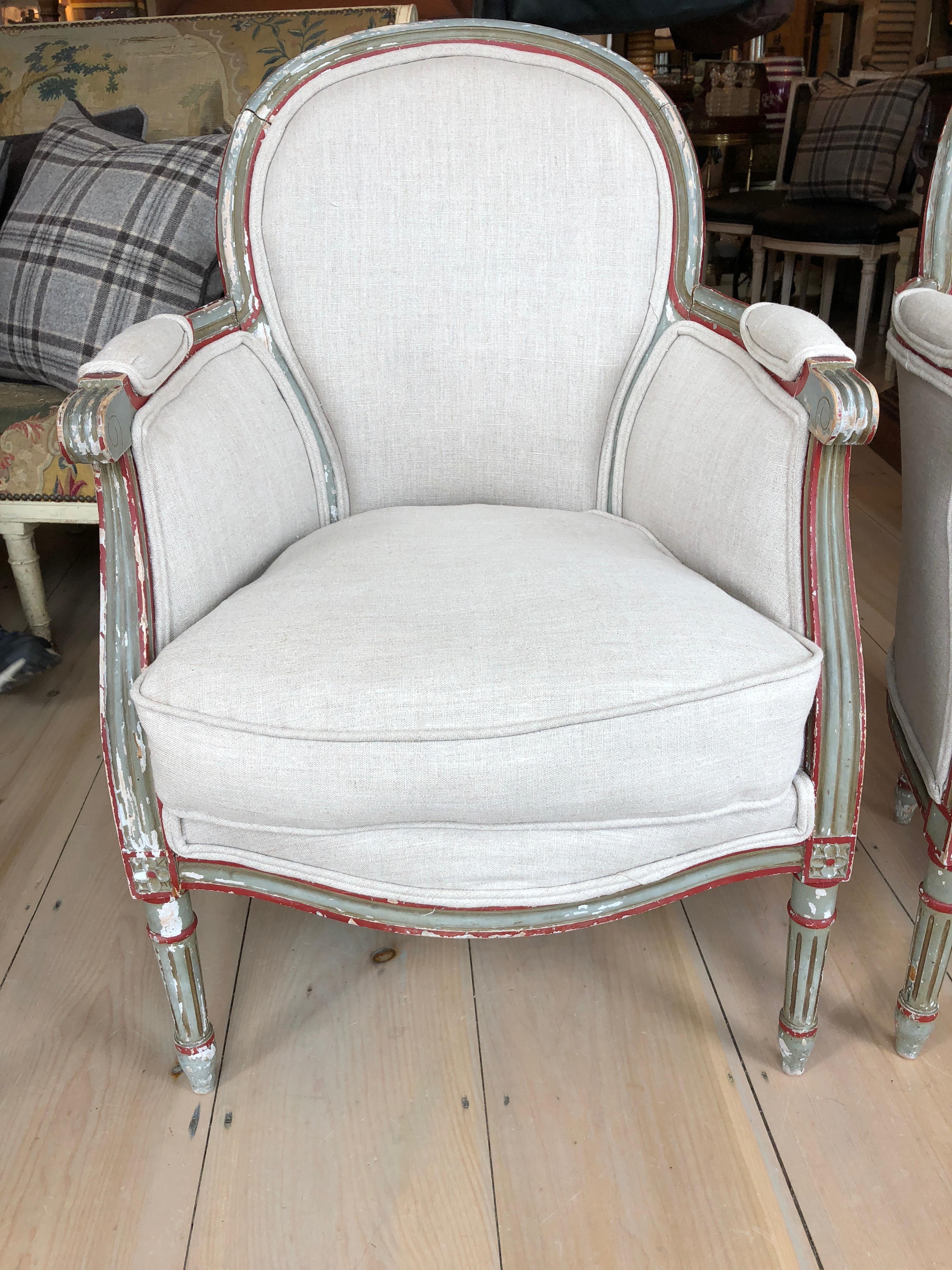 Wonderful Smallish Pair of French Painted and Upholstered Bergere Club Chairs In Excellent Condition In Hopewell, NJ