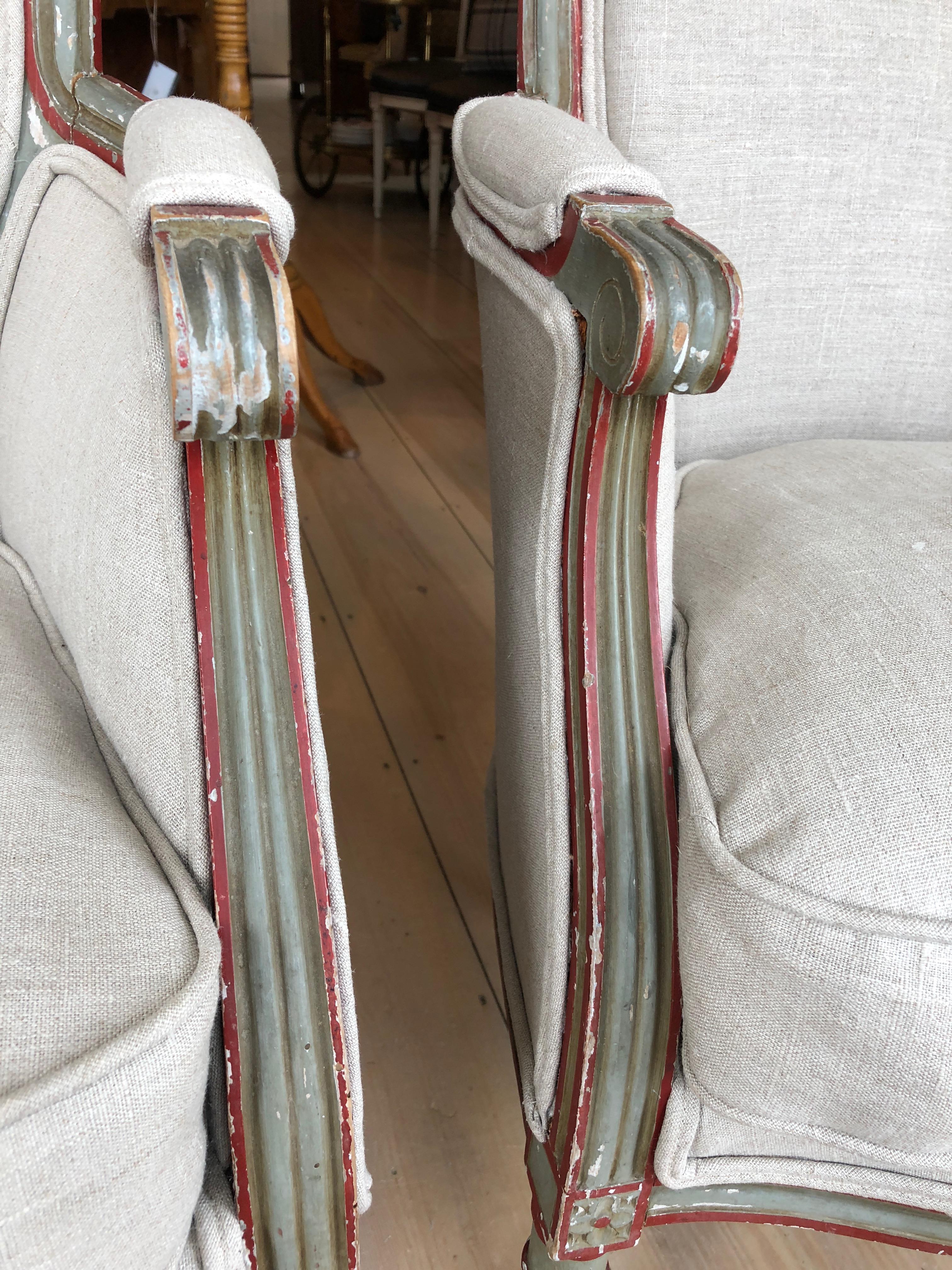 Mid-20th Century Wonderful Smallish Pair of French Painted and Upholstered Bergere Club Chairs