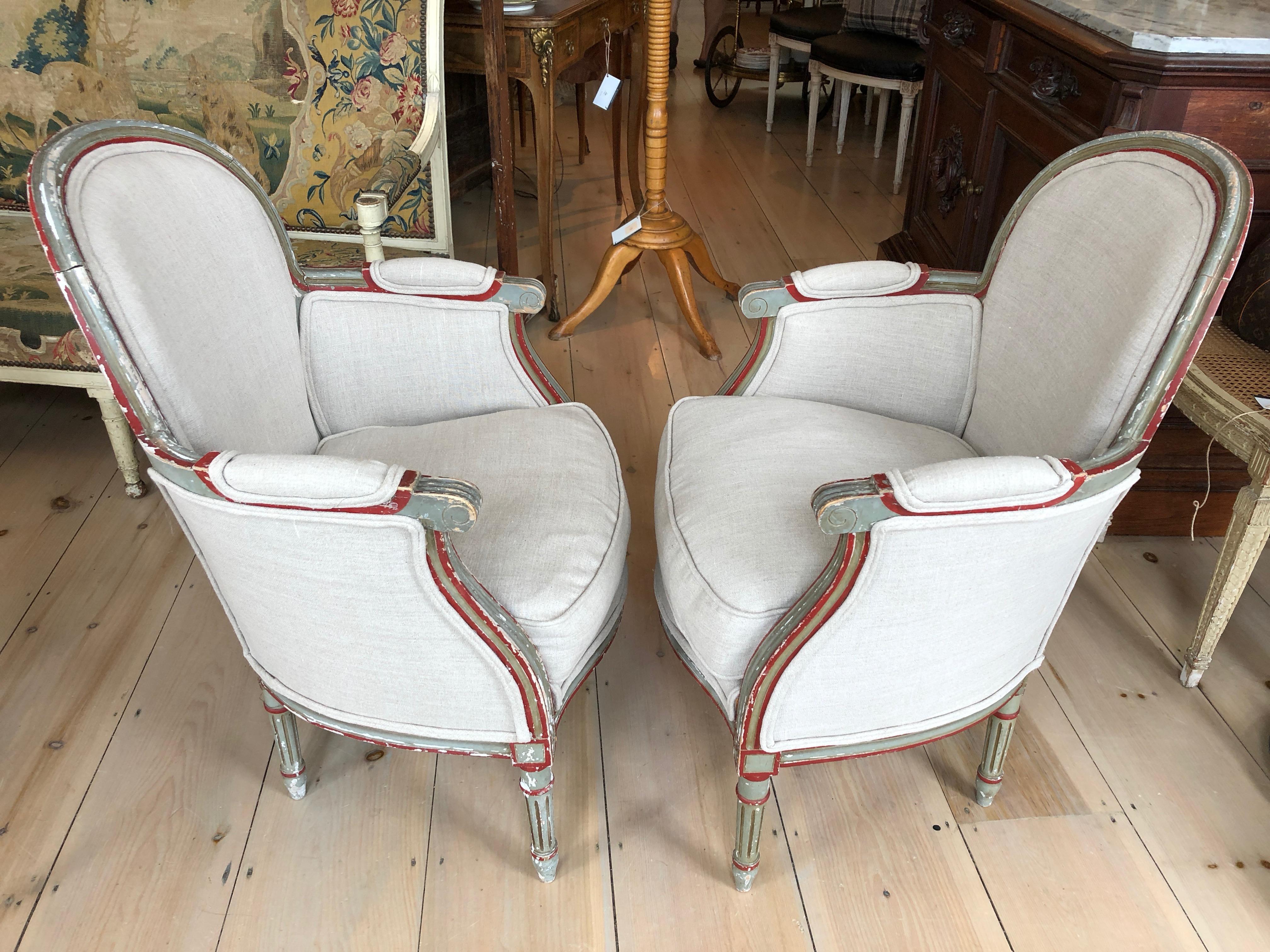 Wonderful Smallish Pair of French Painted and Upholstered Bergere Club Chairs 2