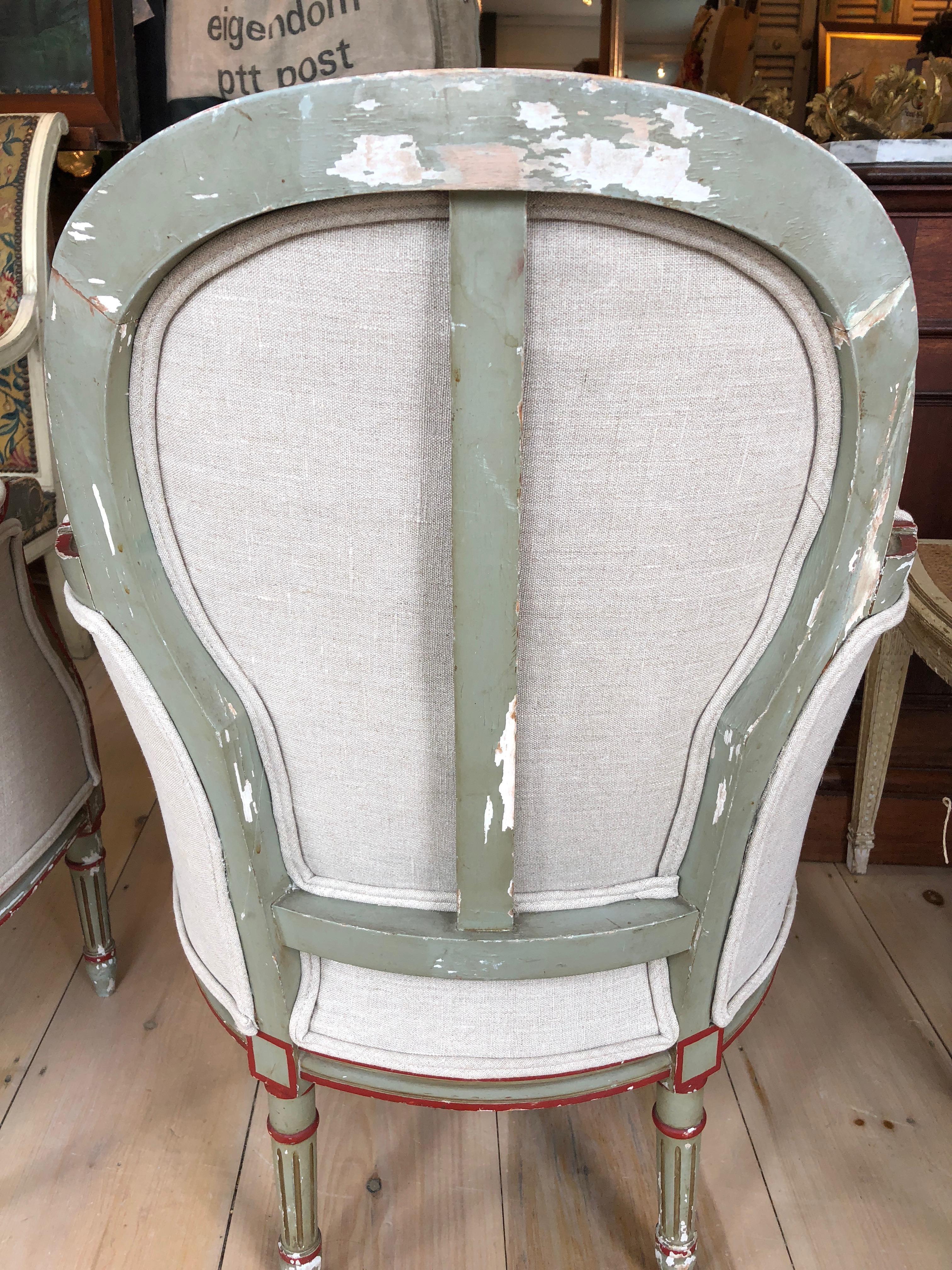 Wonderful Smallish Pair of French Painted and Upholstered Bergere Club Chairs 4