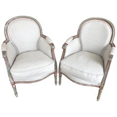 Vintage Wonderful Smallish Pair of French Painted and Upholstered Bergere Club Chairs